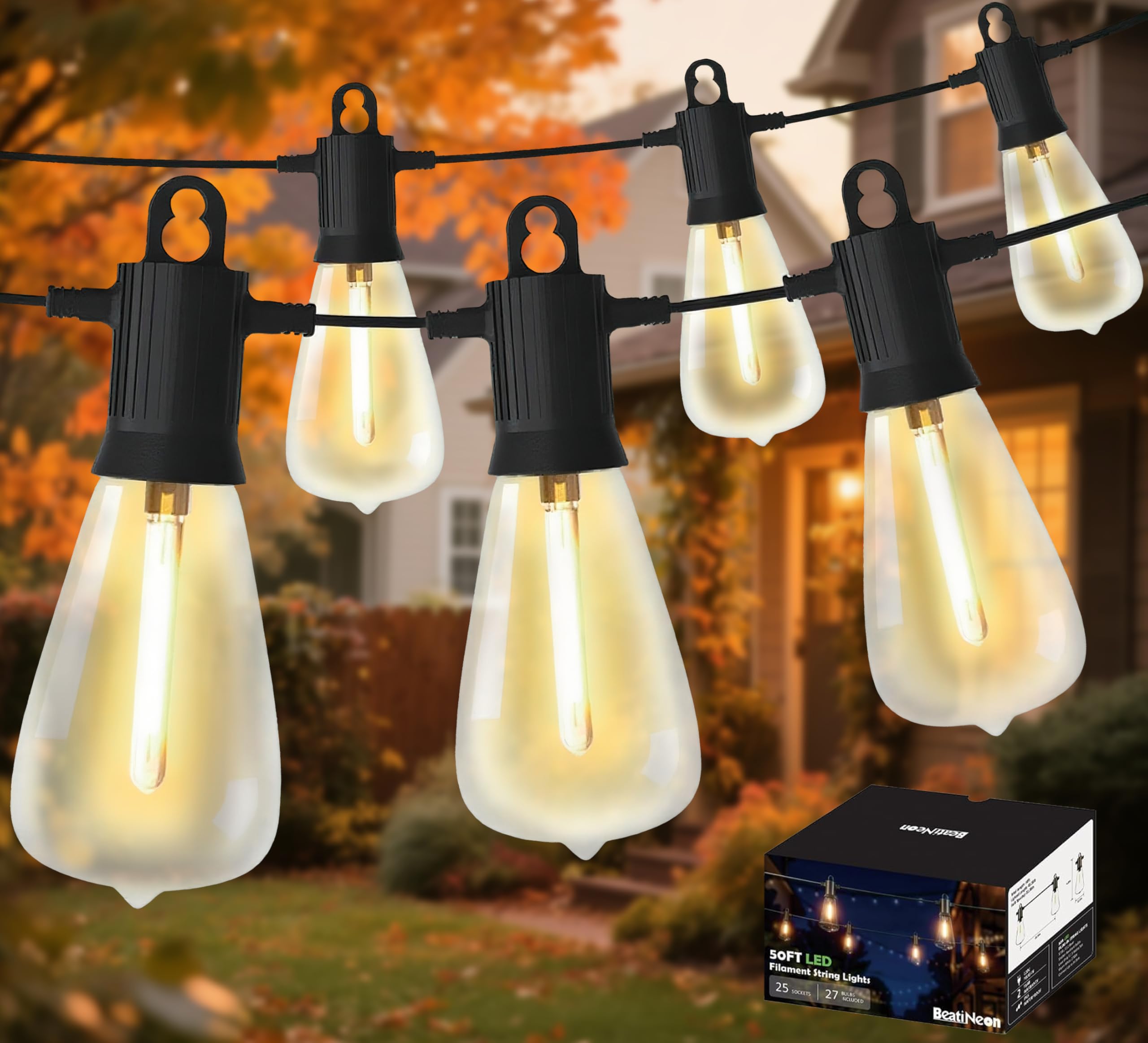 thumbnail video image 2 of BeatiNeon 50ft ST38 Outdoor String Lights, 25 Bulb Shatterproof Patio Lights with IP65 Waterproof, Connectable Up to 34 Sets, 2700K Warm White for Porch, Yard, ETL Listed, 2 of 8