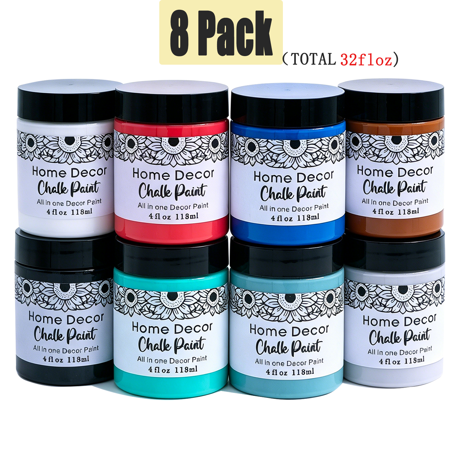 thumbnail video image 2 of Home Decor Chalk Finish Paint Set, 8 Assorted Colors Total 32Oz(Each 4Oz/118ML), Matte Finish No Sanding Interior Craft Paint for Wood Furniture DIY Home Decor & Chalkboard Projects, 2 of 8