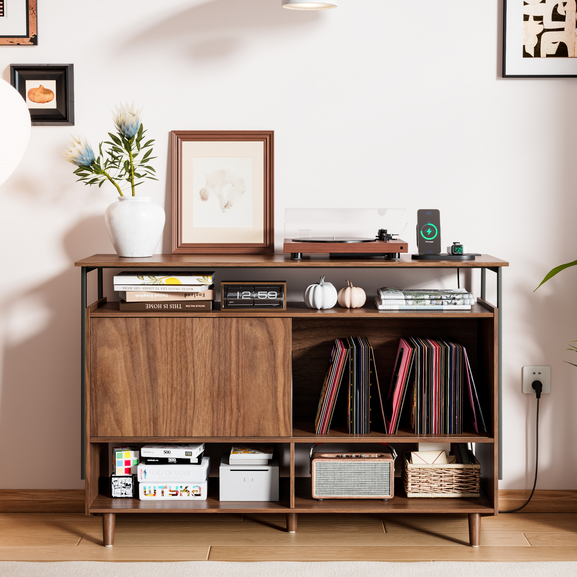 thumbnail video image 2 of Record Player Stand, Mid Century Modern Turntable Stand Media Console Table, Turntable Stand with Vinyl Storage Holds up to 300+ Albums, Record Player Table for Living Room, Brown, 2 of 12