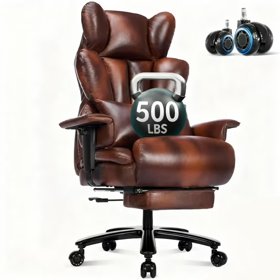 thumbnail video image 2 of JONPONY Big and Tall Office Chair with Footrest, Executive Office Chair with Adjustable Lumbar Support, Dual Rubber Wheels, Ergonomic High Back Computer Chairs, Brown, 2 of 10