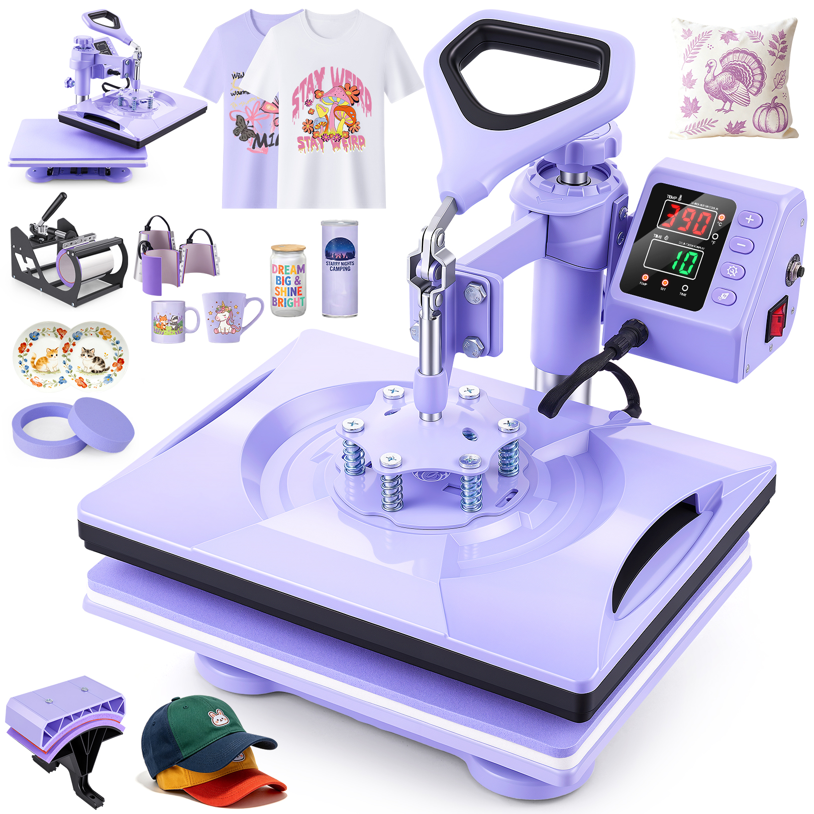 thumbnail video image 2 of Adnoom 8 in 1 Heat Press 12x15, 360° Swing Away Heat Press Machine, Digital Shirt Press Machine for Mug Hat Plate Cap, Purple, 2 of 9