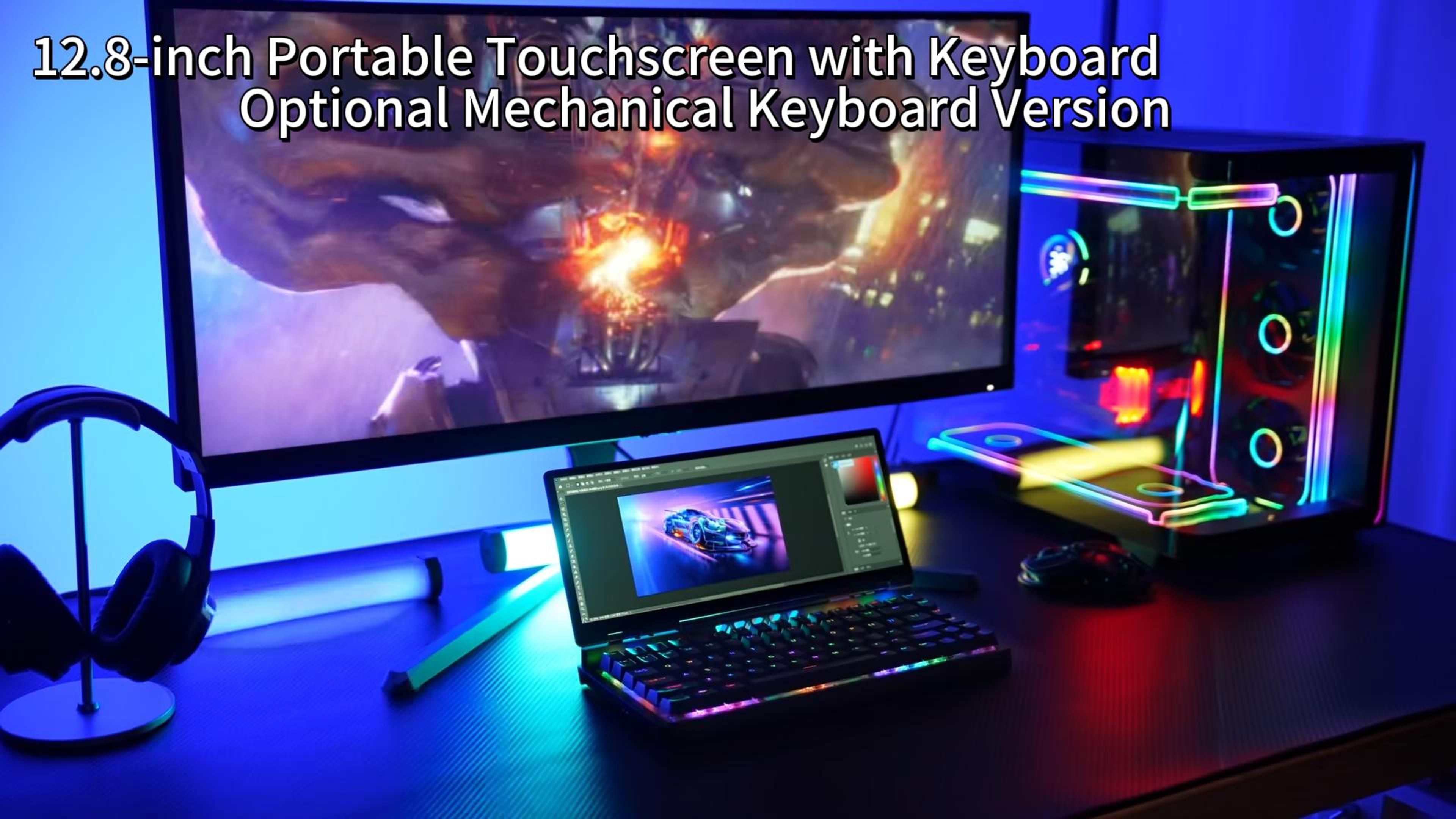 thumbnail video image 2 of 12.8" Portable Touchscreen Monitor with Mechanical Keyboard, Compatible with Win10/11/MacOS Laptop Desktop Mac, 2 of 10