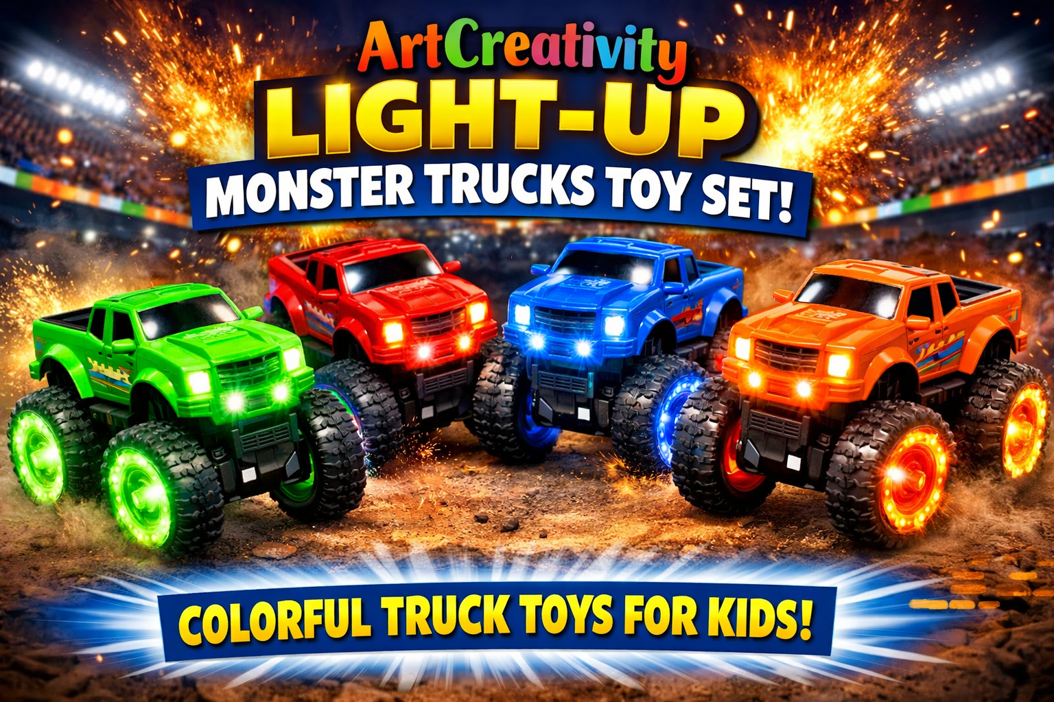 thumbnail video image 2 of ArtCreativity Light-Up Monster Truck Set, Flashing LED  Tires, 4 Pack, for boys 3+, 2 of 8