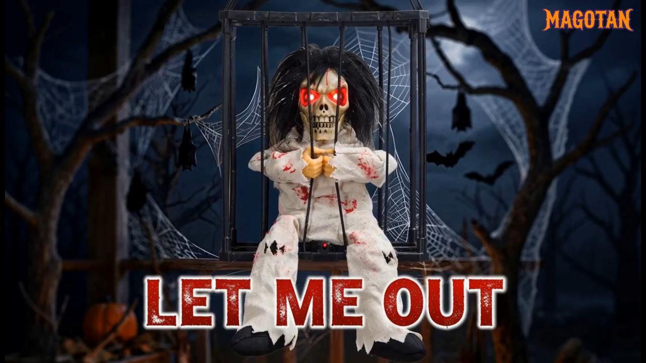 thumbnail video image 2 of Magotan Screaming Animated Halloween Decorations, Outdoor Indoor Hanging Spooky Halloween Decoration, Scary Ghost Cage with Motion Sensor, 2 of 8