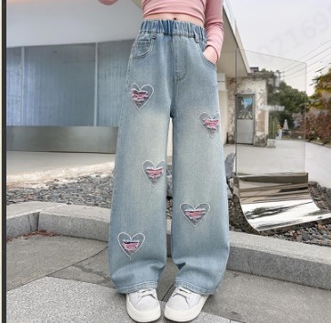thumbnail video image 2 of Kids Girls Baggy Jeans Heart Print Casual Wide Leg Loose fit Denim Pants, 2 of 10