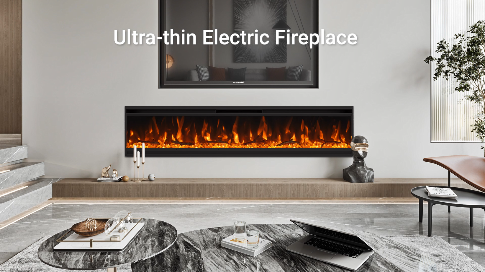 thumbnail video image 2 of cooboom 40-Inch Electric Fireplace, Ultra-Thin Wall Mounted Heater, Remote Control, Log & Crystal Display, 2 of 8