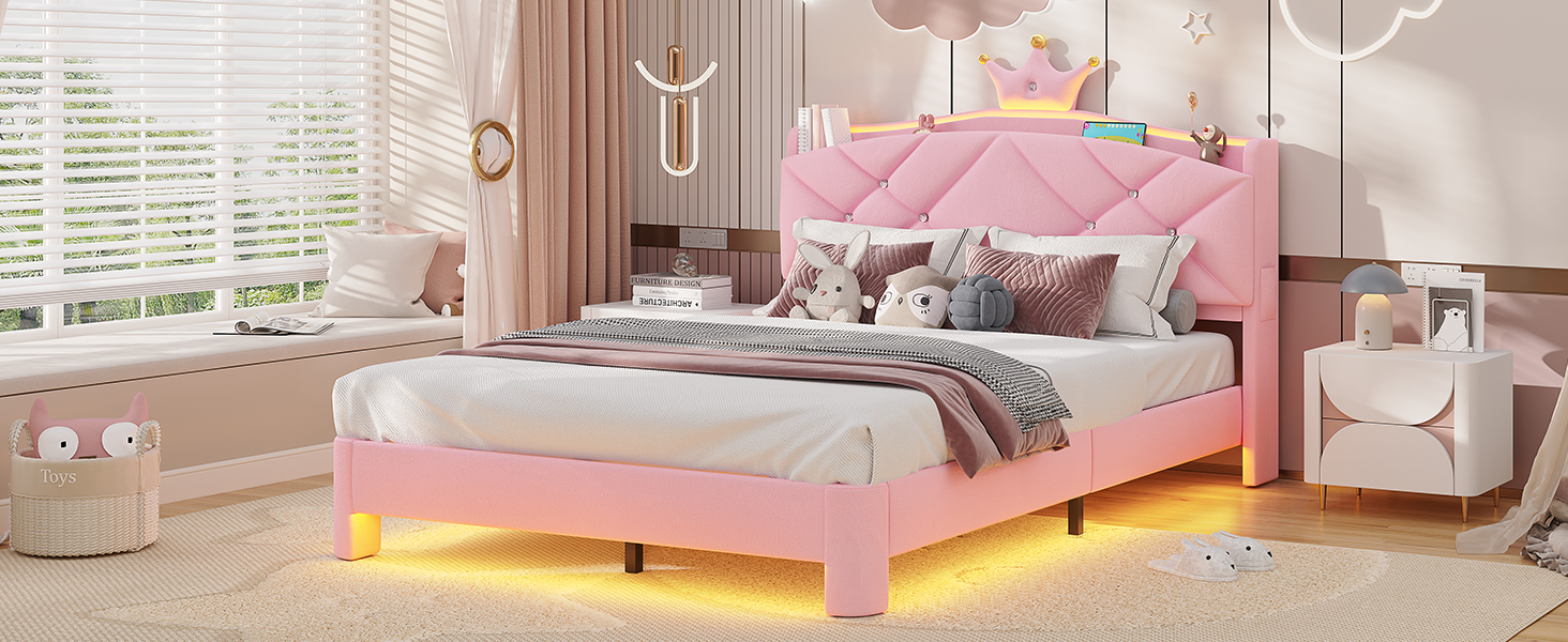 thumbnail video image 2 of Twin Size Bed Frame with Storage Headboard, Upholster Crown Platform Princess Beds with LED Lights & Thicken Curve Legs, White Bedroom Furniture, 2 of 11