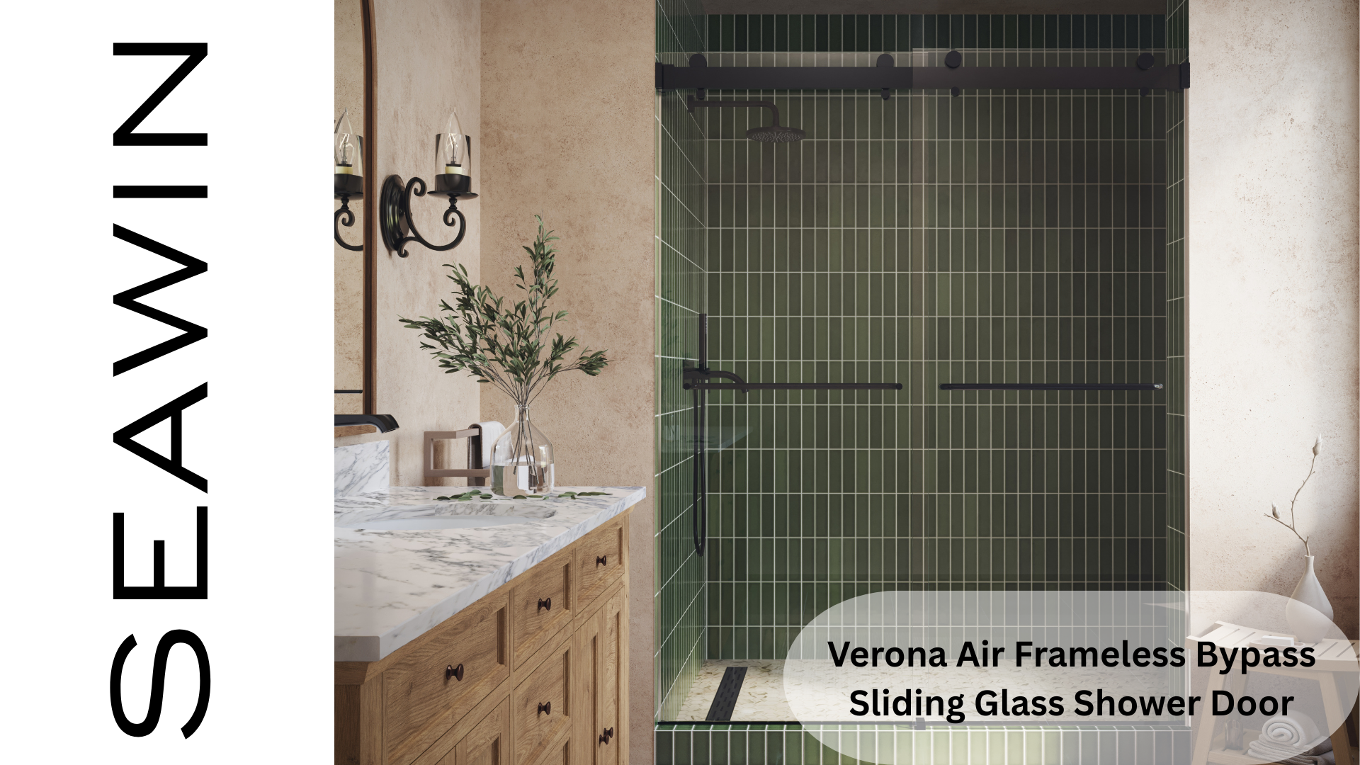 thumbnail video image 2 of Seawin 44-48 in. W x 76 in. H Verona Air Sliding Bypass Frameless Shower Door - 5/16 in. (8 mm) Clear Tempered Glass with NanoShield Glass Coating (Matte Black), 2 of 16