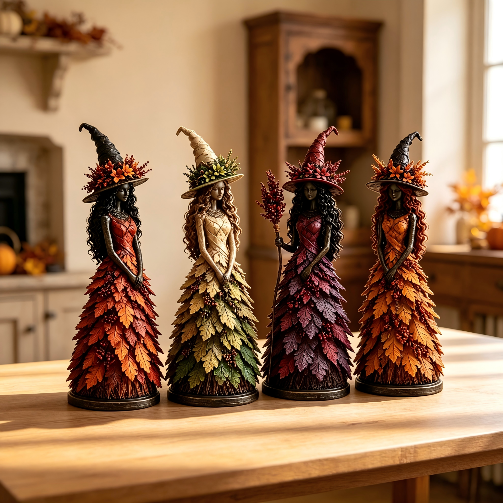 thumbnail video image 2 of Whimsical Autumn Witch Figurine, Fall Harvest Witch Tabletop Statue with Leaf Gown, Seasonal Resin Decor for Mantel Shelf, Thanksgiving & Christmas Home Decor, Autumn Ember, 2 of 6
