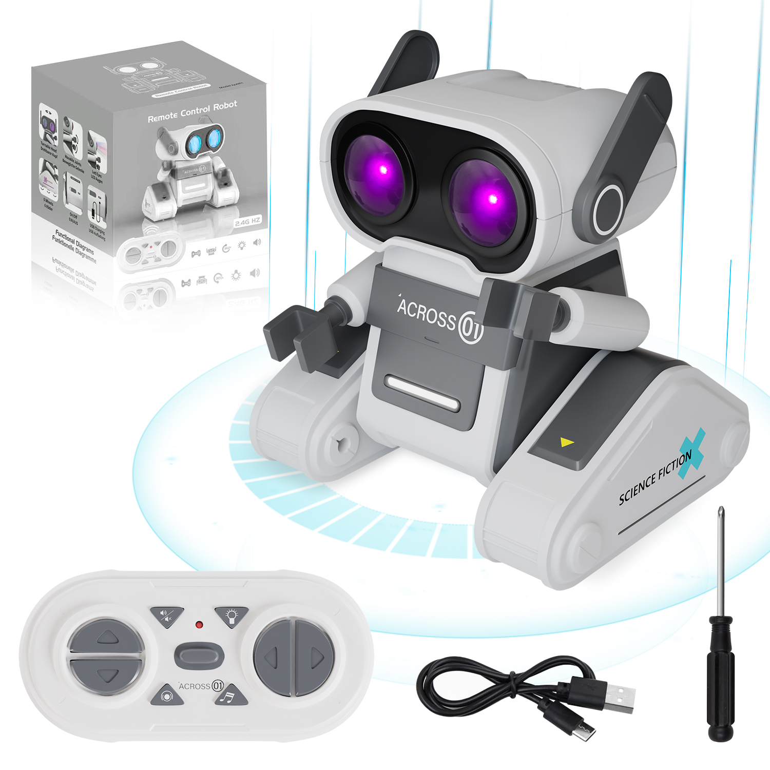 thumbnail video image 2 of Robot Toy for Kids, Remote Control Robot Toy Intelligent Walking 360°Body Spinning Dancing with LED Eyes and Music, Demo Smart RC Robot Toys for Ages 3+ Boys Girls, White, 2 of 8