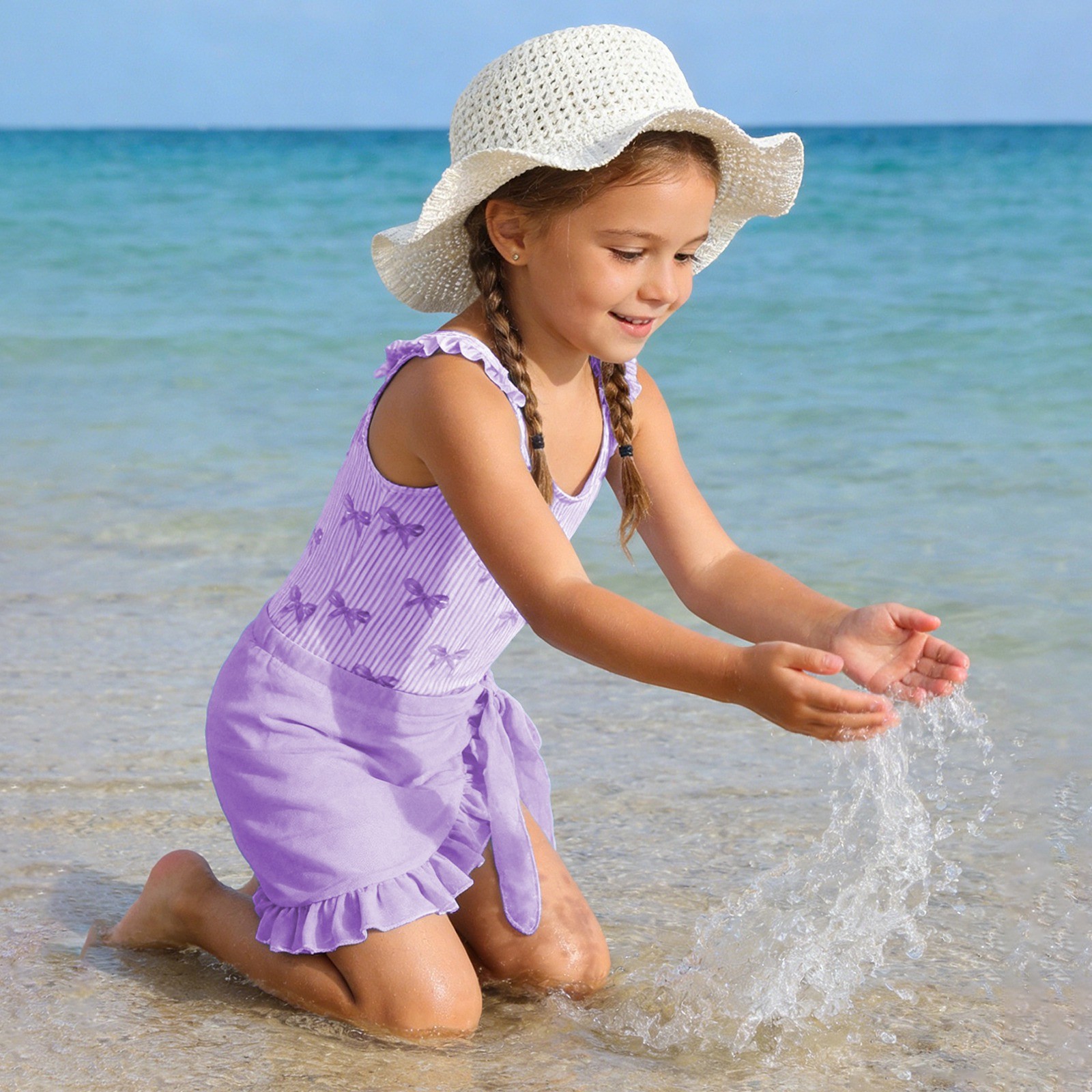 thumbnail video image 2 of Xijirk Girls Swimsuit,Elegant Swimsuit Cute Ruffled Design With Bowknot Soft Comfortable Lightweight Stylish Swimwear for Beach and Pool,Z02 Blue,9-10 Years, 2 of 5
