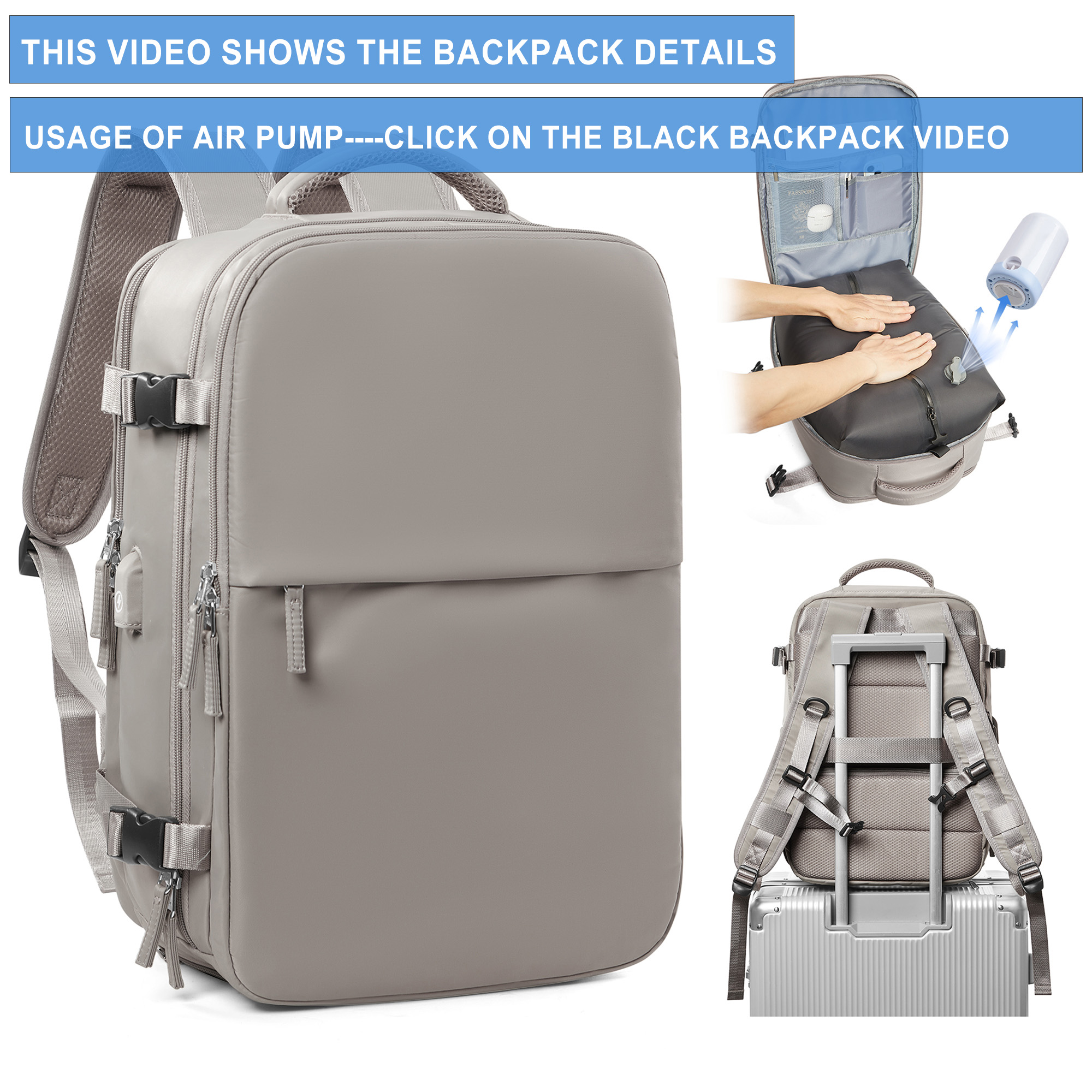 thumbnail video image 2 of Vacuum Seal Compression Large Travel Backpack with Air Pump, Personal Item Airbag Carry on Backpacks Flight Approved, Airback Waterproof Work Compression Bags Travel Pump Business Laptop Suitcase, 2 of 10