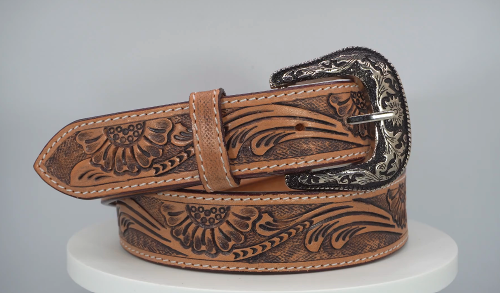 thumbnail video image 2 of Resistance Men's Full-Grain Argentinian Leather Western Cowboy Belt with Floral Engraved Silver Buckle, 2 of 10