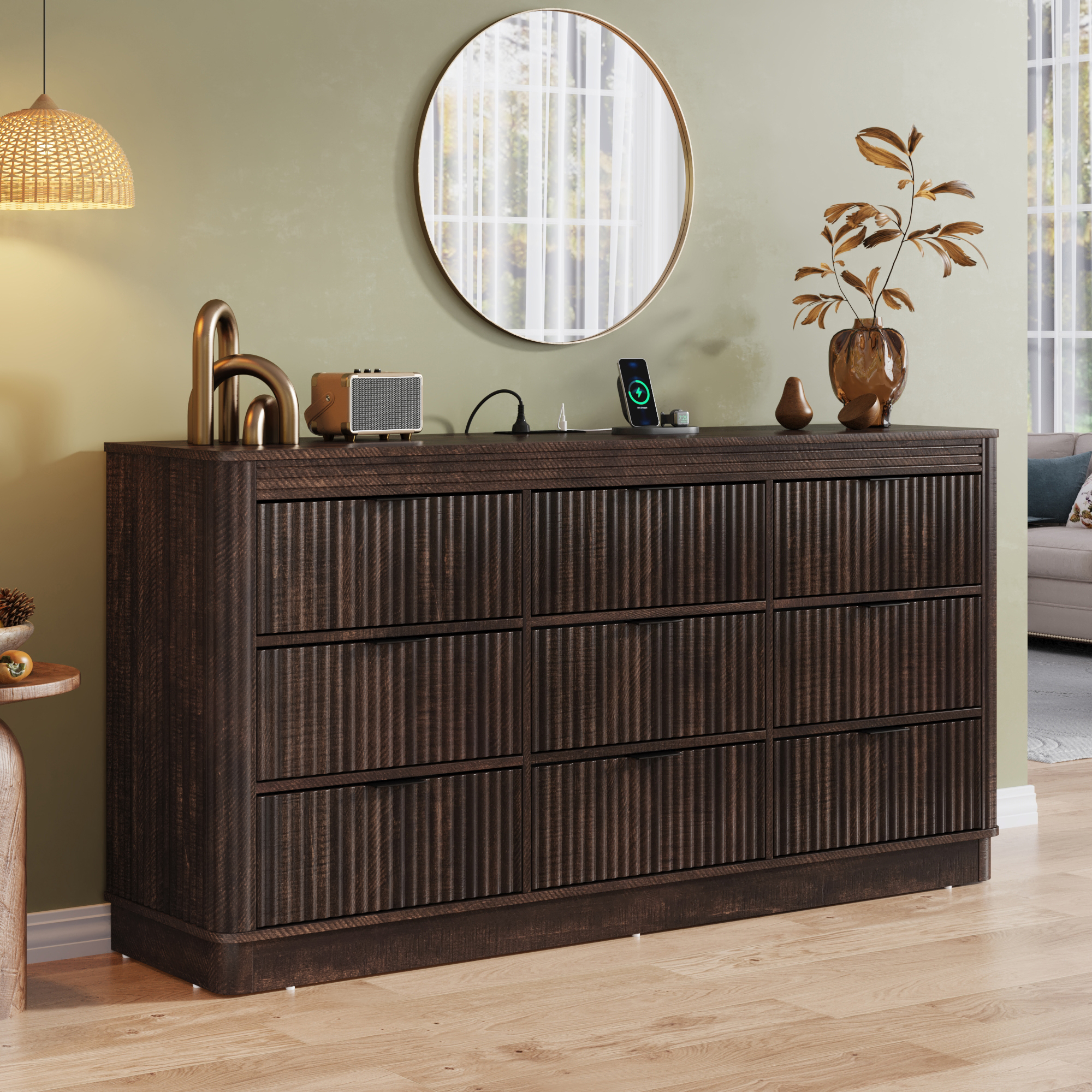 thumbnail video image 2 of Blotout Fluted 9 Drawers Dresser for Bedroom, 63'' W Chest of Drawers with Power Outlet&Metal Handle, Fluted Fronts, Modern Dresser TV Stand, Wood Clothes Storage Organizer for Living Room, Hallway, 2 of 9