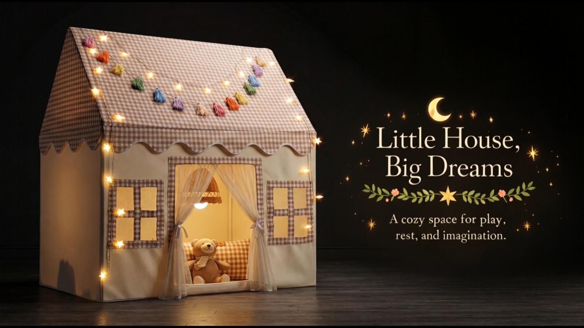 thumbnail video image 2 of Wilwolfer Kids Play Tent Indoor with Yellow Checkered, Mat, Tassel Garland and Star Lights, Playhouse for Toddlers, Boys and Girls Birthday Gift, 2 of 8