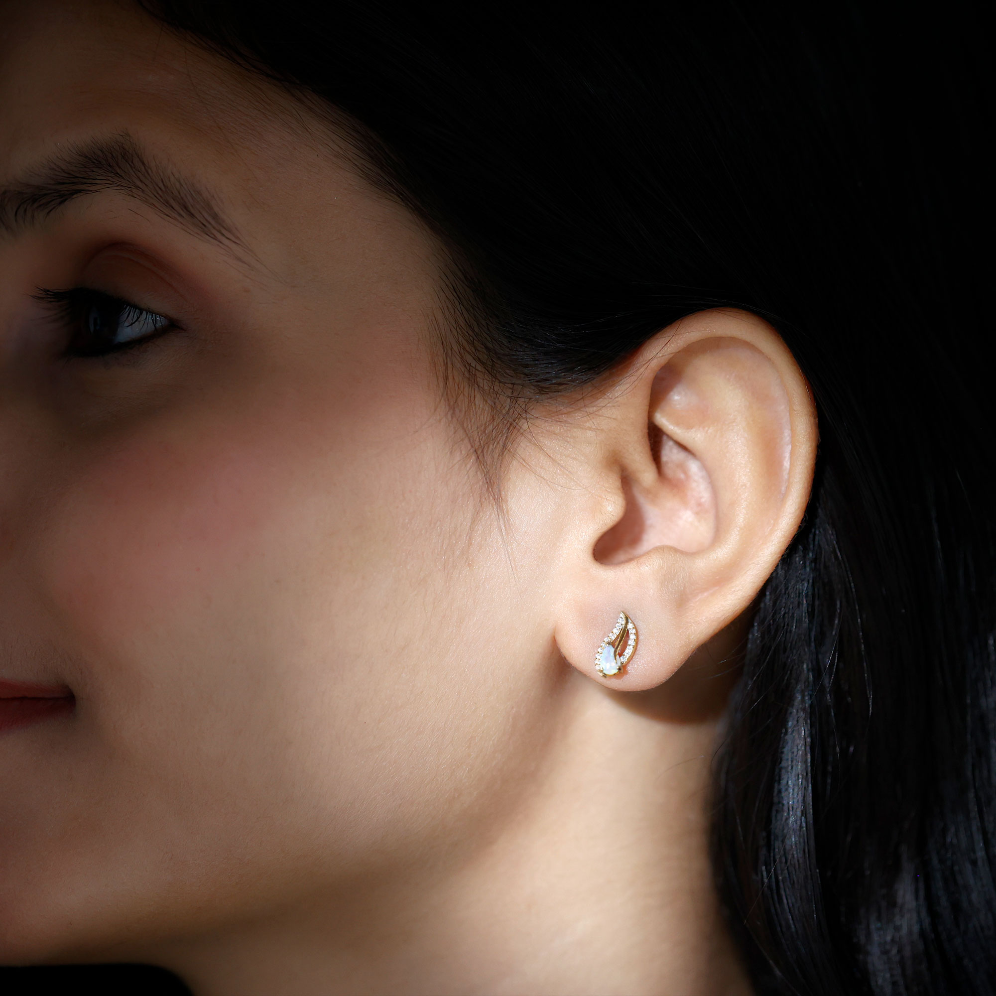 thumbnail video image 2 of Rosec Jewels Ethiopian Opal Leaf Stud Earrings with Moissanite for Women (AAA Quality), 18K White Gold, 2 of 8