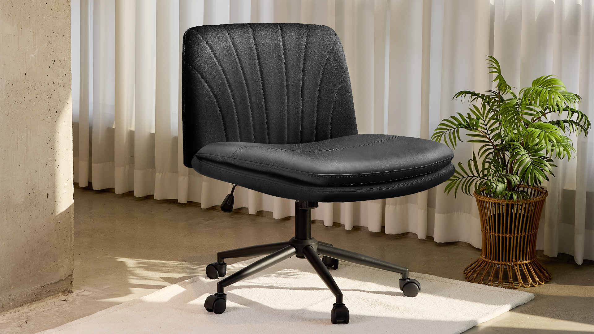 thumbnail video image 2 of Celtoss Criss Cross Home Office Chair, Armless Swivel Task Computer Chair with Wheels, in PU Leather, Vanity Style, Brown, 2 of 10
