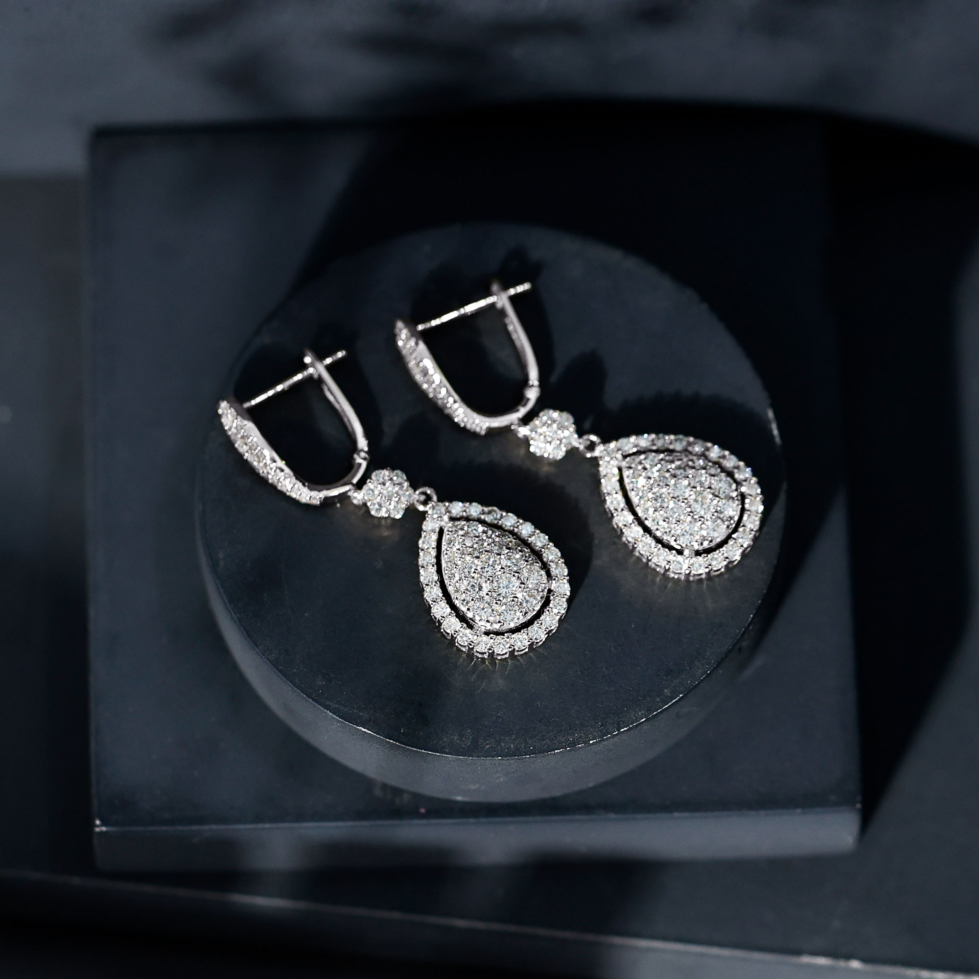 thumbnail video image 2 of Rosec Jewels Certified Moissanite Drop Earrings, Wedding Earrings for Bride, 18K White Gold, 2 of 9