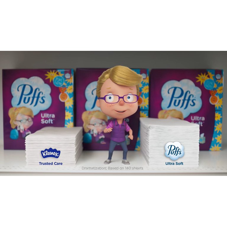 Puffs Ultra Soft Non-Lotion Facial Tissues, 4 Mega Cube Boxes, Purple, 72 Tissues per Box