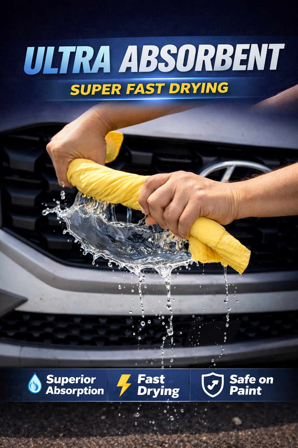 thumbnail video image 2 of R.A. 26x17 Shammy Cloth for Car Drying - Super Absorbent Synthetic Chamois with 20x Water Absorption, Streak-Free Finish & Storage Container - Large PVA Car Towels (Yellow), 2 of 8