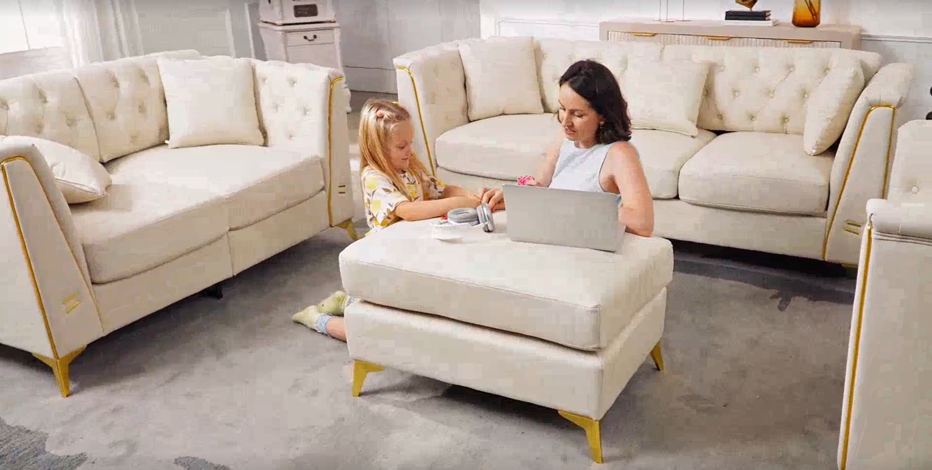 thumbnail video image 2 of EHANCIS 61.8" Modular Chesterfield Loveseat, Tufted 2-Seater Sofa with Gold Legs for Home Office & Reception, Green, 2 of 9