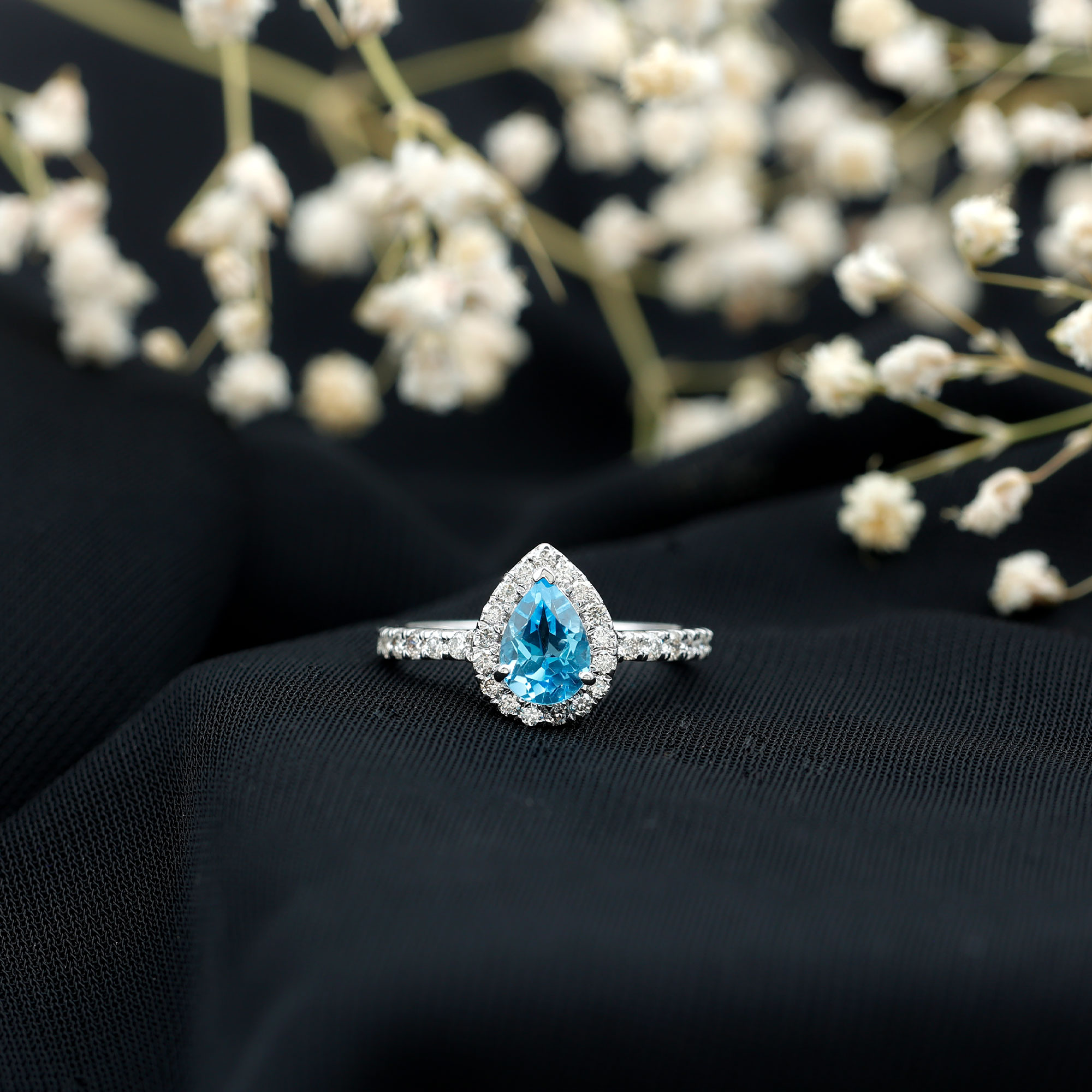 thumbnail video image 2 of Rosec Jewels Swiss Blue Topaz Teardrop Engagement Ring with Halo - AAA Quality Blue Topaz Diamond Ring - with Jewelry Box, 14K White Gold, US 13.00, 2 of 8