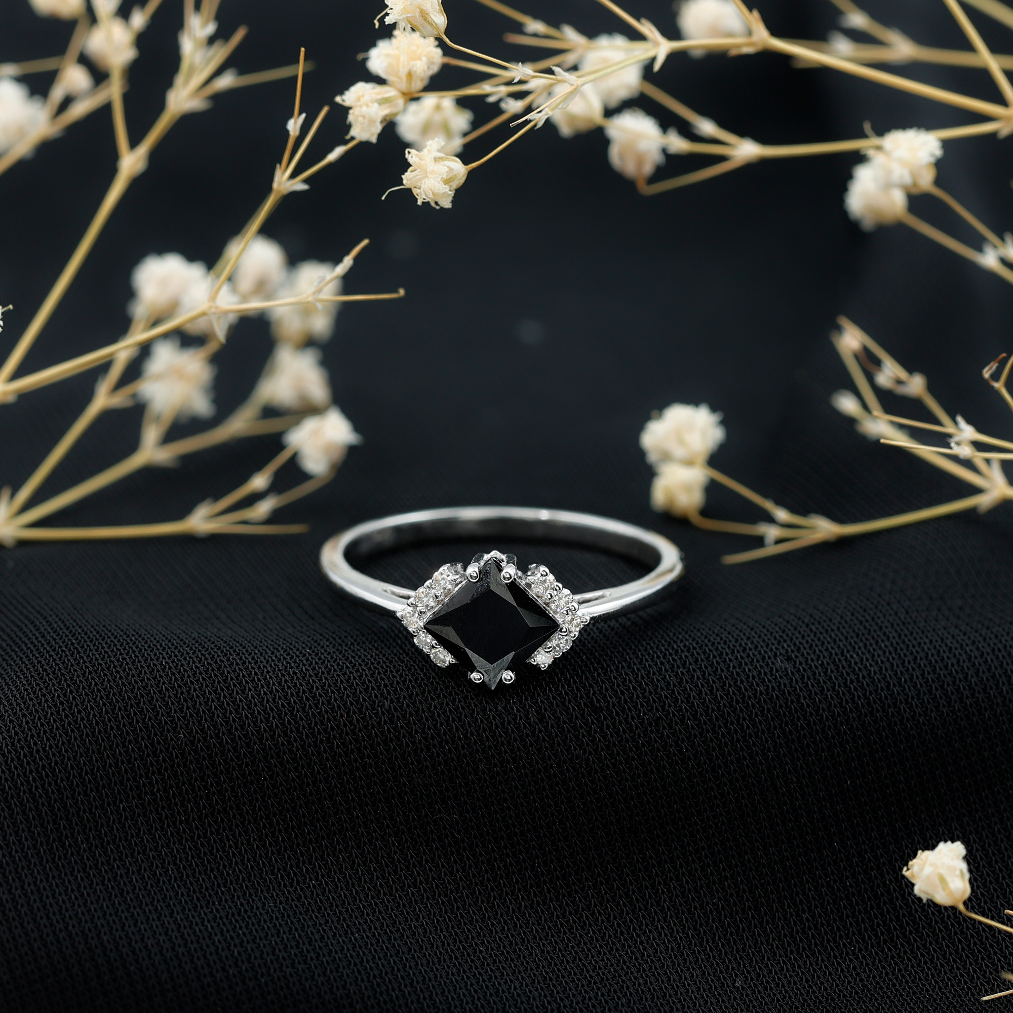 thumbnail video image 2 of Rosec Jewels Princess Cut Lab Grown Black Diamond Ring with Diamond for Women (6 MM), 925 Sterling Silver, US 9.50, 2 of 7