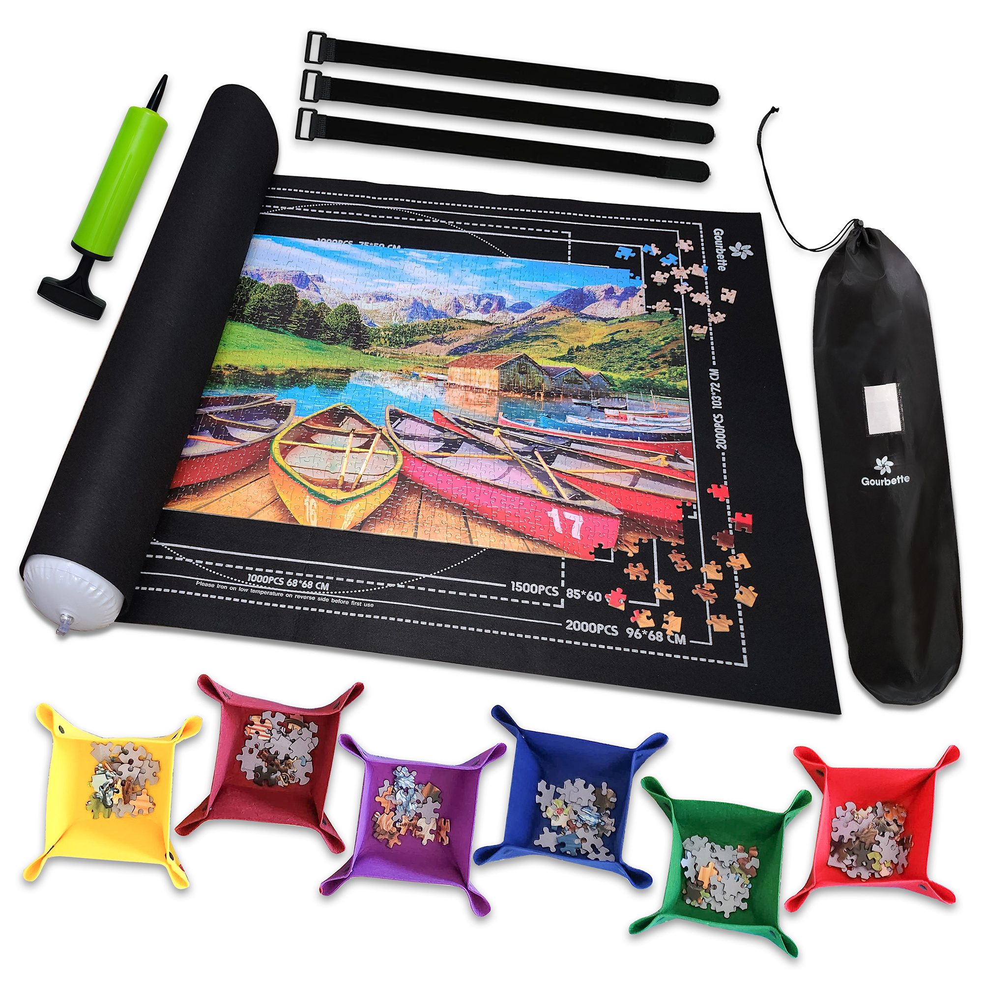 thumbnail video image 3 of Gourbette Jigsaw Puzzle Roll Up Mat with 6 Sorting Trays and Velcro Straps, Black, 2000 Pieces, 3 of 9