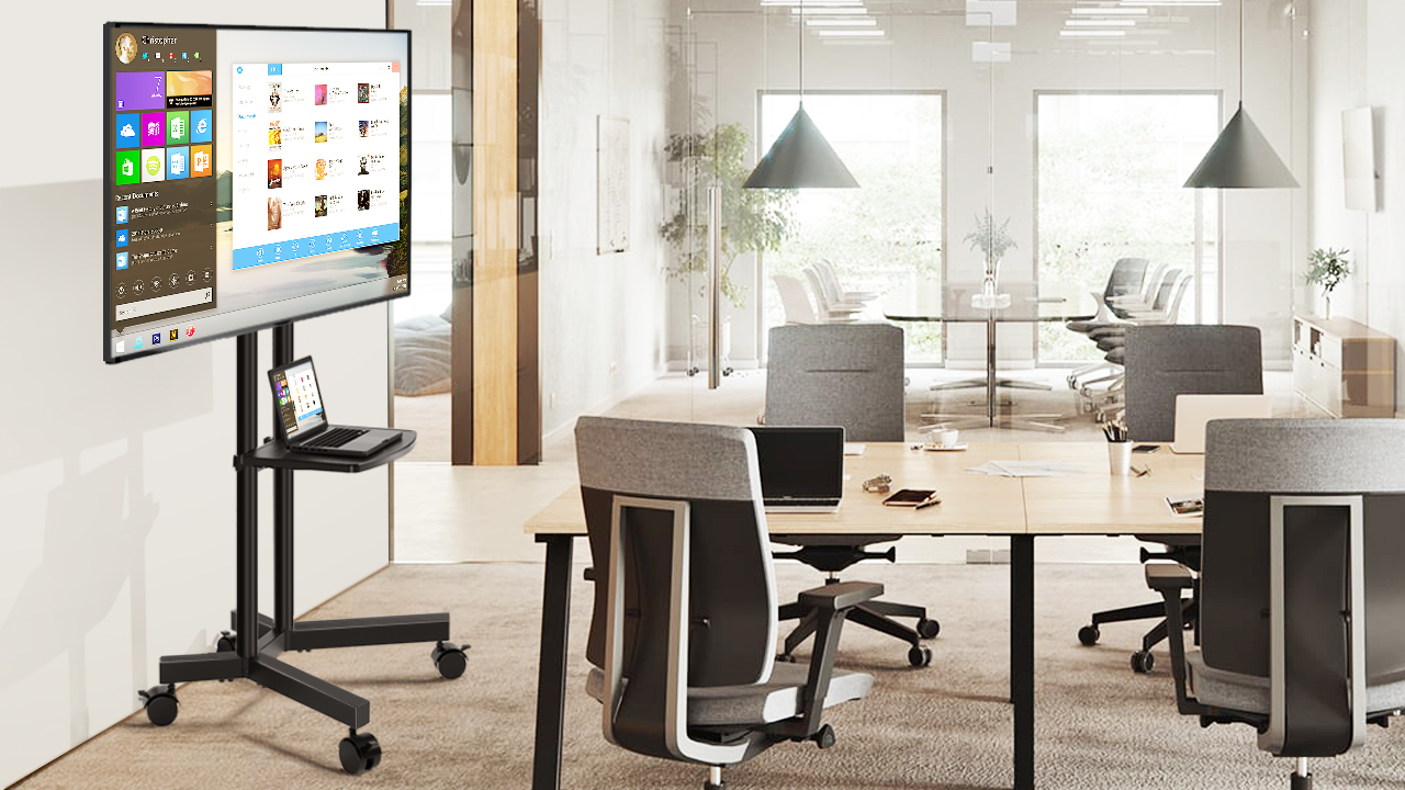 thumbnail video image 2 of RTVR Modern Rolling TV Stand Cart with Wheels for TVs up to 75 inch, Black Swivel Mount Home Mobile Base, 2 of 8