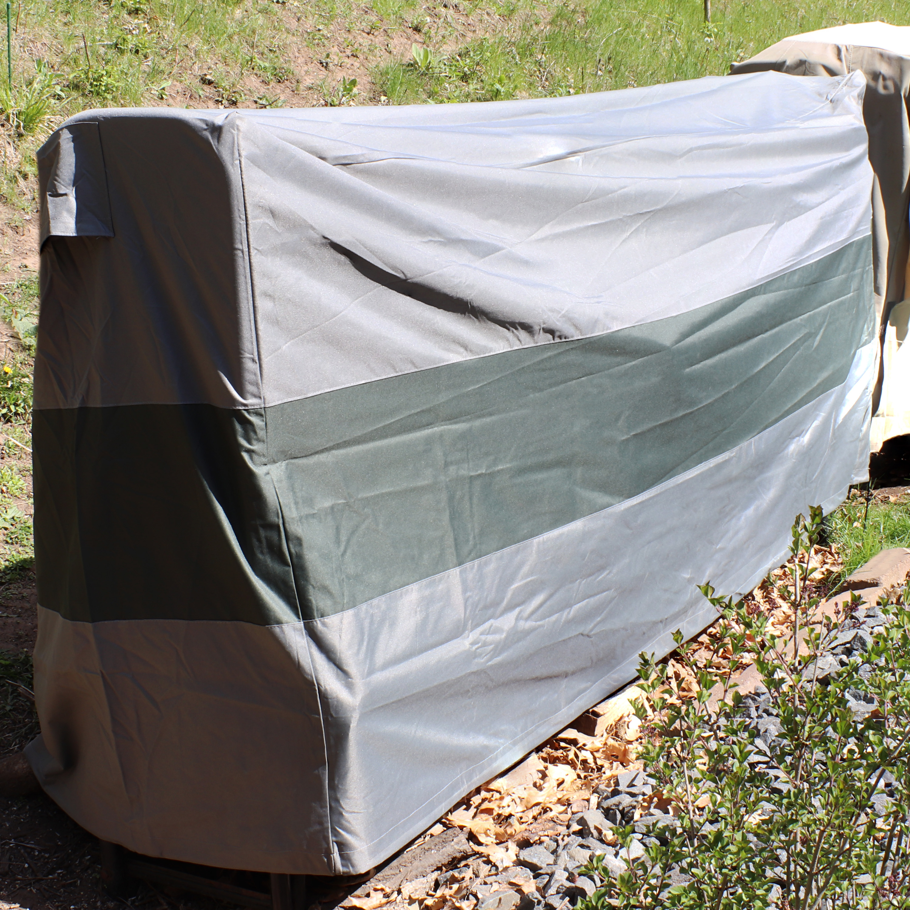 thumbnail video image 2 of Sunnydaze 24" x 96" x 42" Gray and Green Stripe Firewood Log Rack Cover with PVC Backing, 2 of 8