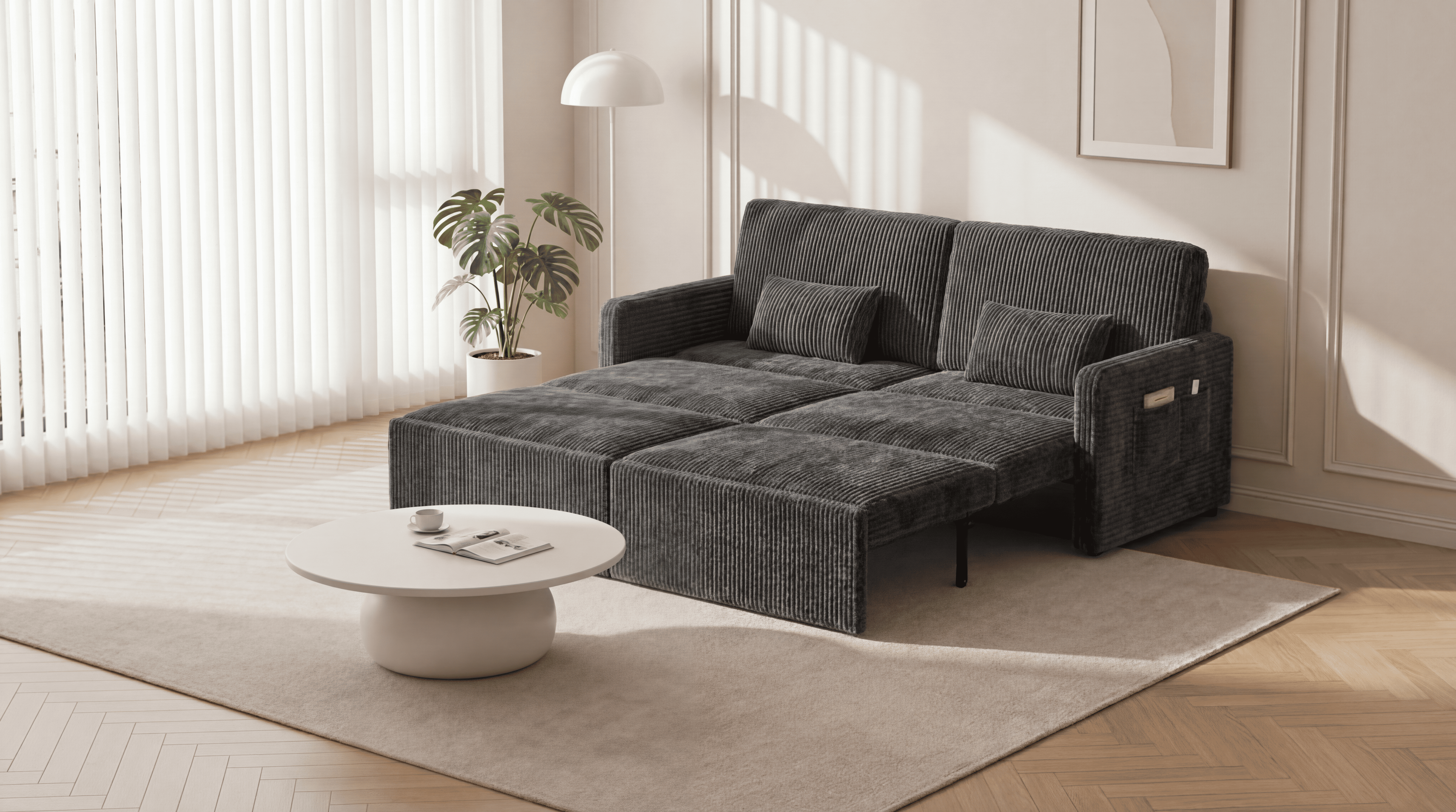 thumbnail video image 2 of Noelse 79" 6-in-1 Convertible Sofa Bed, Pull-Out Sleeper Sofa Couch, Corduroy Fabric,  Gray, 2 of 12