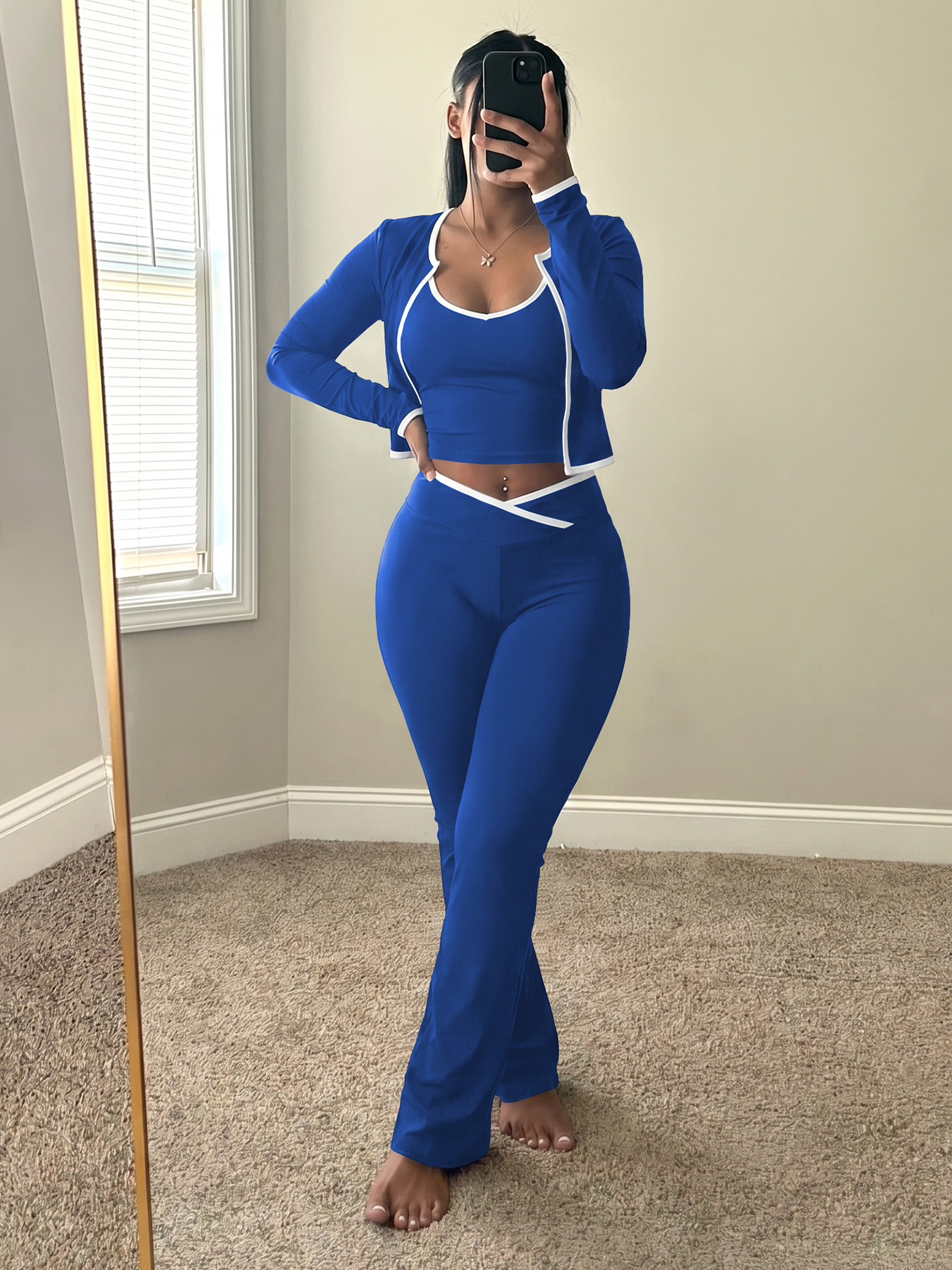 thumbnail video image 2 of Women's 3 Piece Workout Outfit Cropped Jacket Tank Top Flare Pants Soft Stretch Tummy Control High Waist Athletic Loungewear Set for Gym Daily Streetwear Gray 2XL, 2 of 5