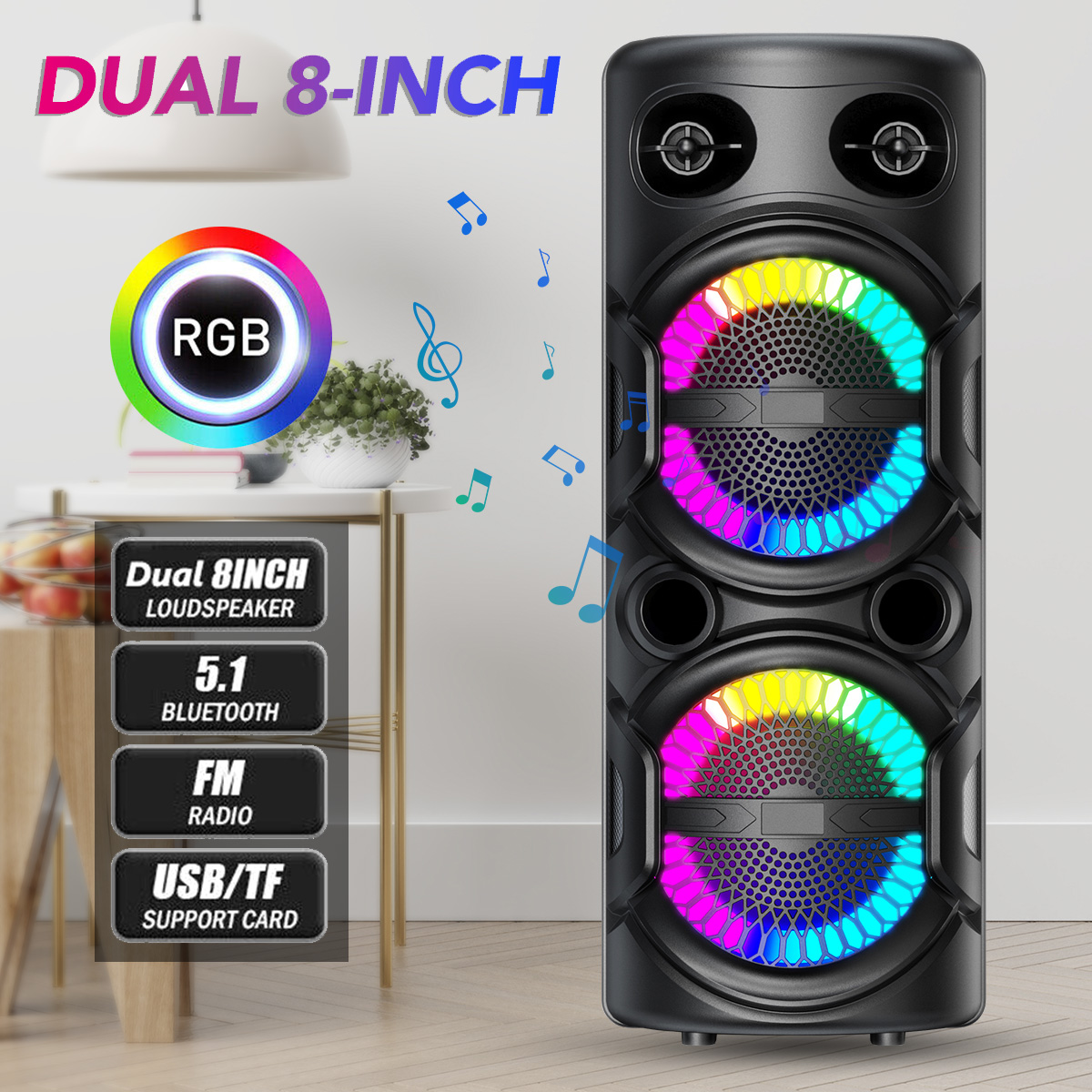 thumbnail video image 2 of Lohoms Dual 8" Portable Bluetooth Speaker, Wireless Party PA Sound System Subwoofer Heavy Bass With Microphone Remote LED TWS FM, 2 of 10