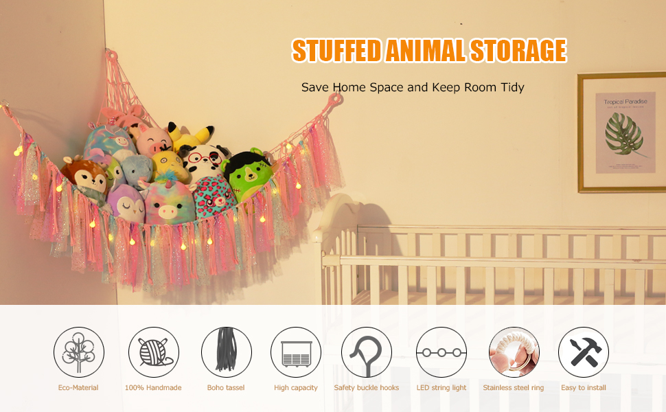 thumbnail video image 2 of LUCKDEER Stuffed Animal Hammock, Handmade Macrame Rope, Eco-Friendly Cotton, 55" x 42" x 42" - Pink, 2 of 10