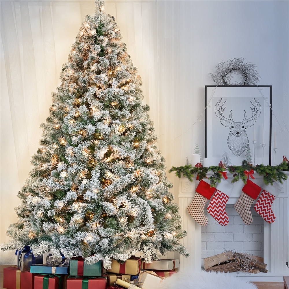 thumbnail video image 2 of Yaheetech 7.5Ft Pre-lit Flocked Artificial Christmas Tree with Foldable Stand and Warm Lights, Green, 2 of 9