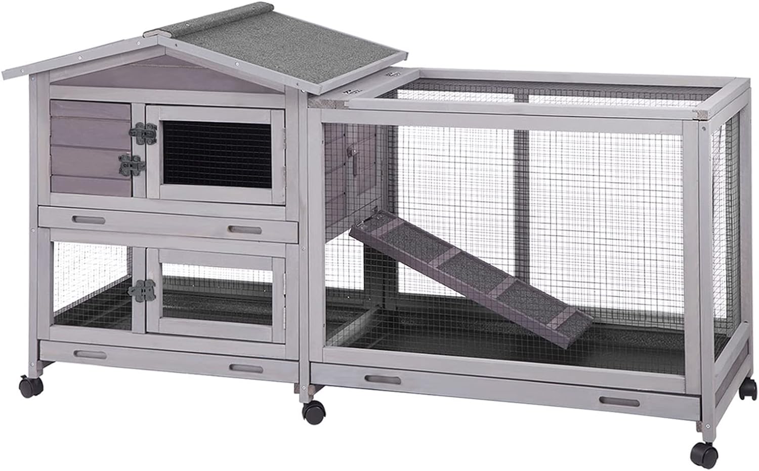 thumbnail video image 2 of Aivituvin Wood Rabbit Hutch Bunny Cage Indoor with Wheels for Guinea Pig Outdoor Waterproof, 2 of 13