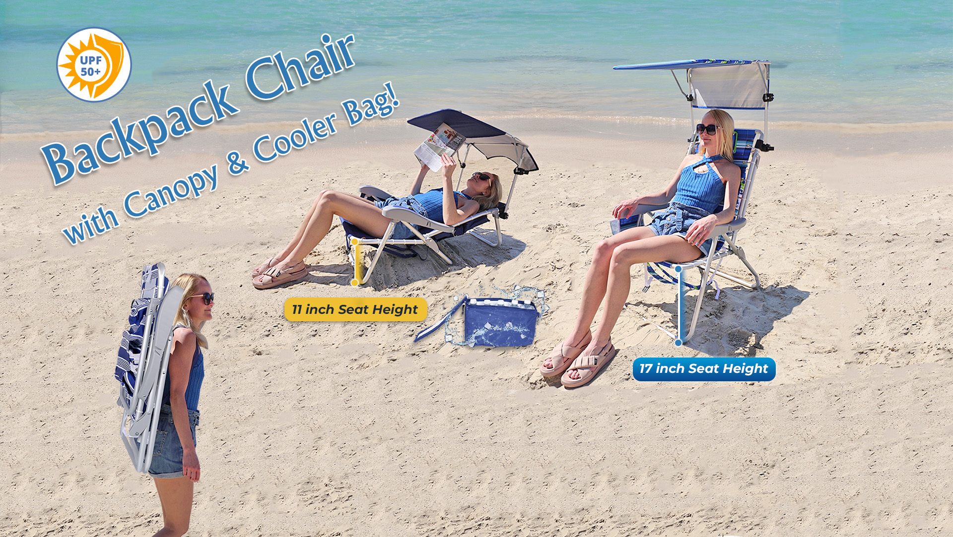 thumbnail video image 2 of Ultimate Low Seat Heavy Duty Aluminum Lace-Up Folding Backpack Beach Chair for Adults with Canopy Shade | Lay Flat, 5 Reclining Positions | Removable Insulated Cooler Pouch | Canopy UPF 50+, 2 of 9