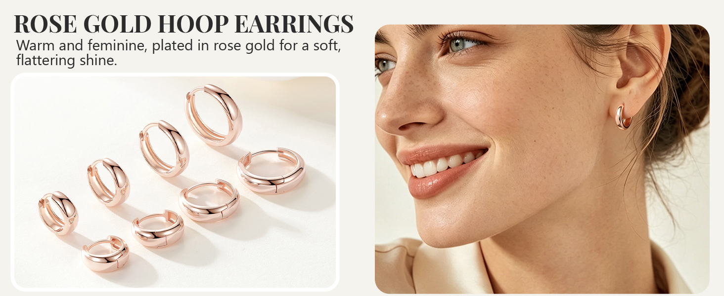 thumbnail video image 2 of Silvora Rose Gold Plated Huggie Hoop Earrings for Women, Small Chunky Hoops with 925 Sterling Silver Post, Hypoallergenic Lightweight Earrings Jewelry Gifts for Sister Friends Niece 8mm, 2 of 8