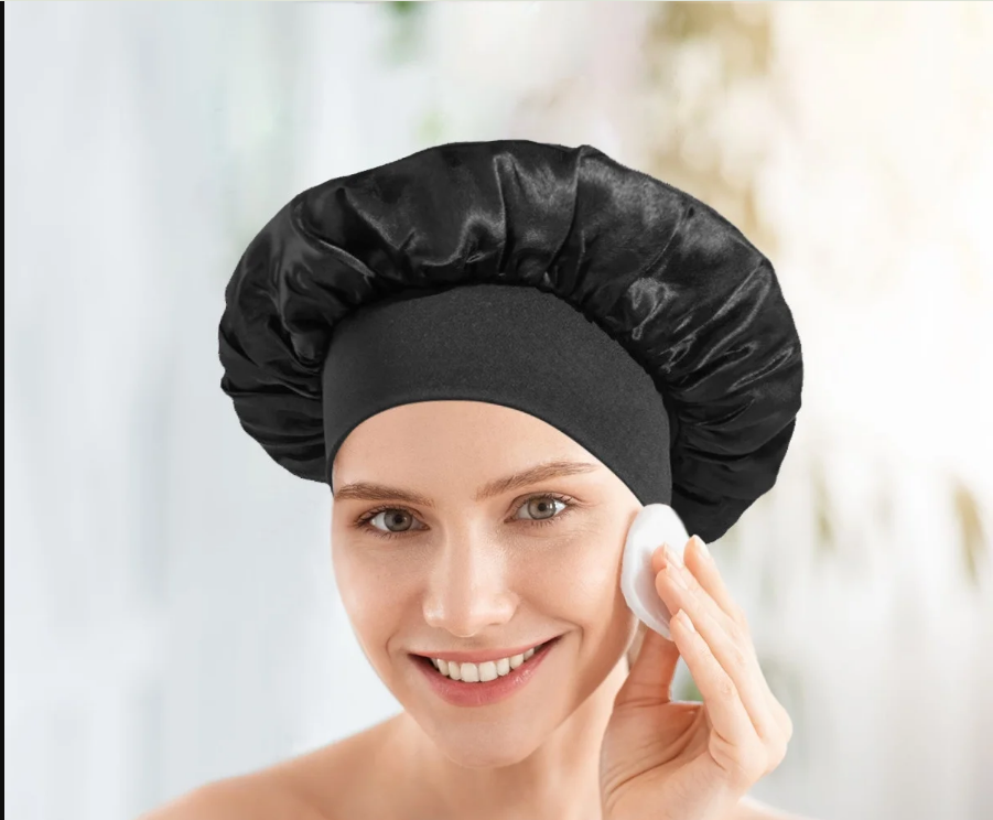 thumbnail video image 2 of 2 PCS Satin Hair Bonnet for Women | Elastic and Reusable Shower Hair Caps | Satin Bonnet for Sleeping Women, Shower Caps | Double Layers Hair Cap | Environmental Protection | 11.8Inches, Black, 2 of 8
