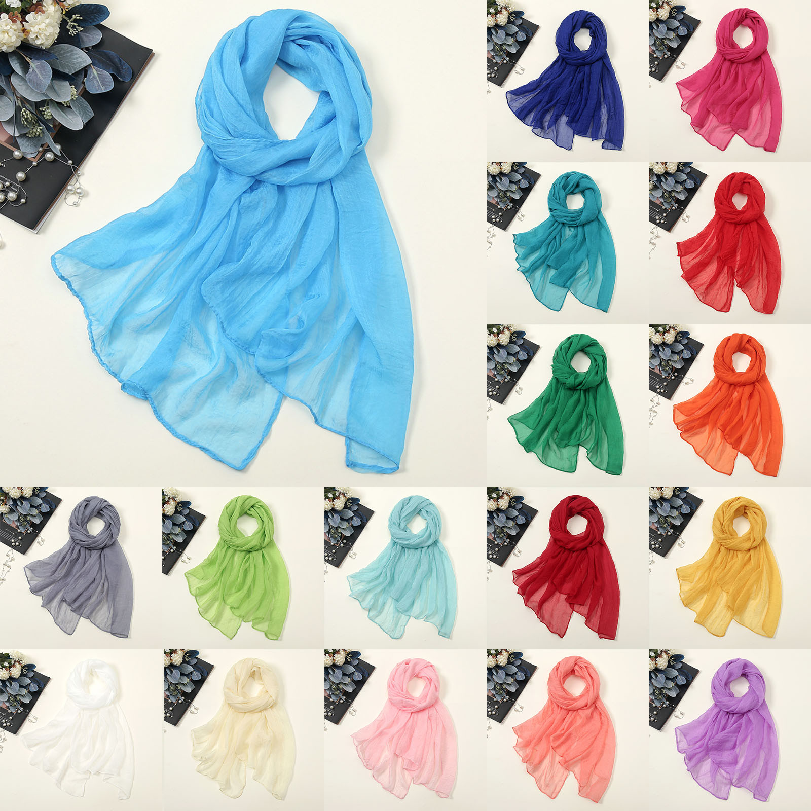 thumbnail video image 2 of GZWYHT Silk Scarf,Scarves for Women Lightweight Women Summer Casual Colorful Multicolor Solid Color Chiffon Thin Regular Silk Scarf Sunscreen Scarf Neck Scarf,Clearance,Womens Scarves Black, 2 of 2