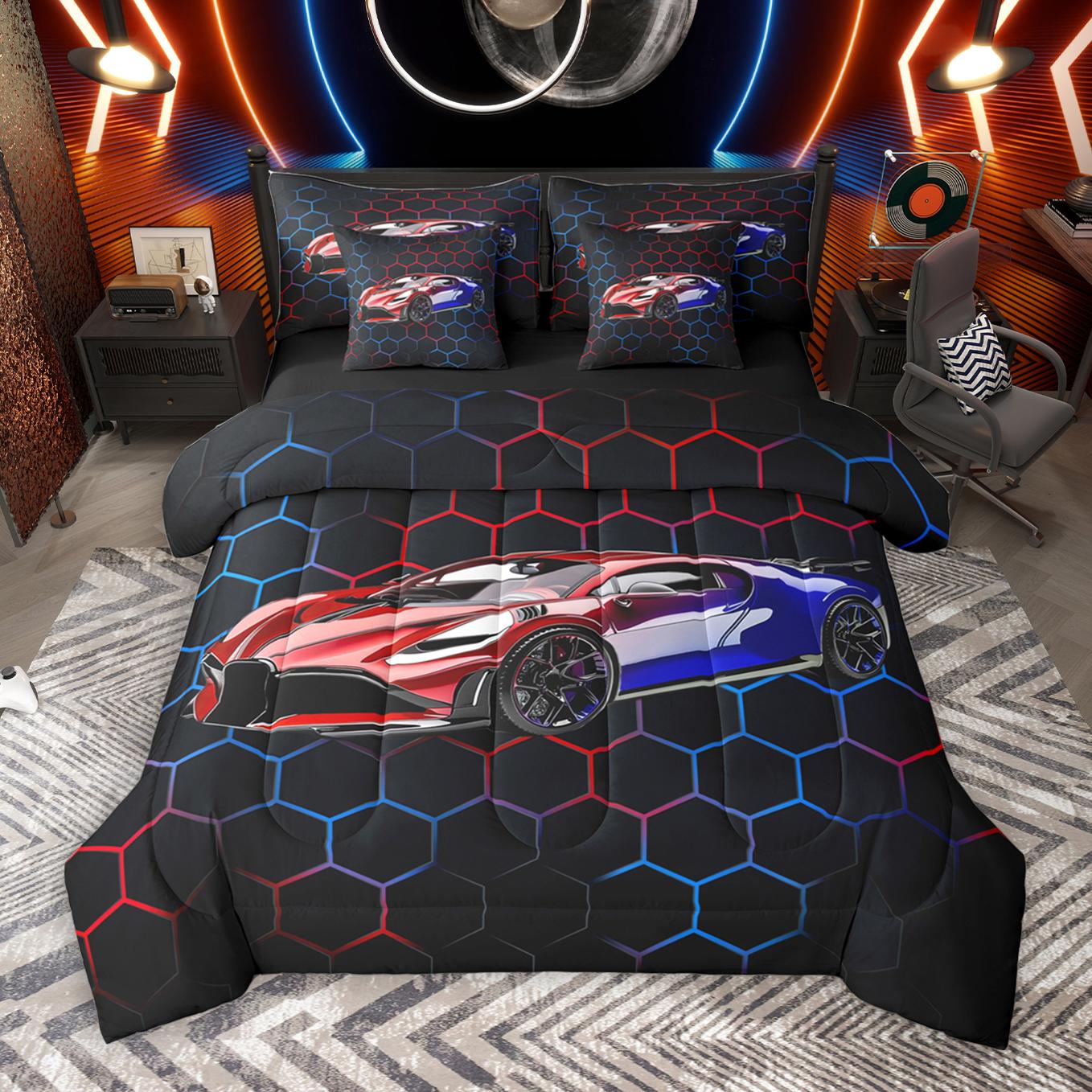 thumbnail video image 2 of Manfei Race Car 7pcs Bedding Comforter Set,Kids Extreme Sport Queen Bedding Sets,Orange Red Black Queen Sheet Sets For Boys,Luxury Bedroom Decor Reversible, 2 of 9