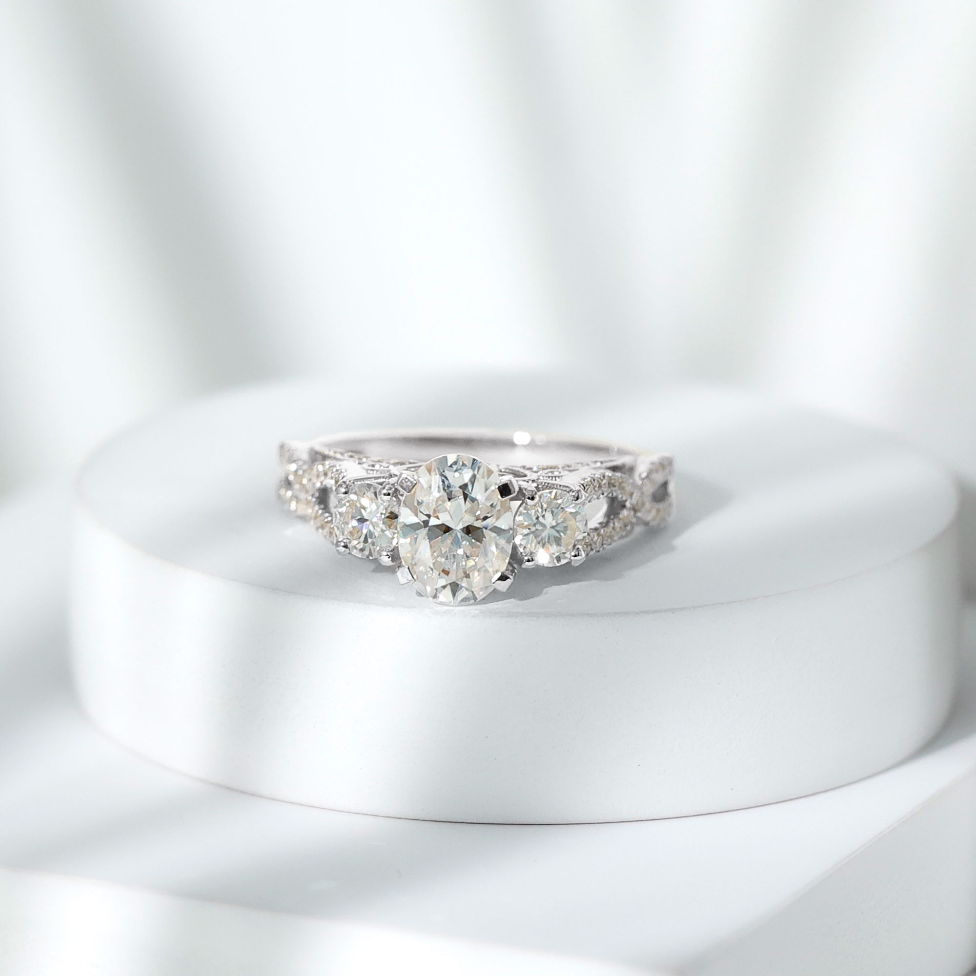 thumbnail video image 2 of Rosec Jewels 3 Stone Moissanite Vintage Engagement Ring for Women - D-VS1 Quality, 925 Sterling Silver, US 4.00, 2 of 7