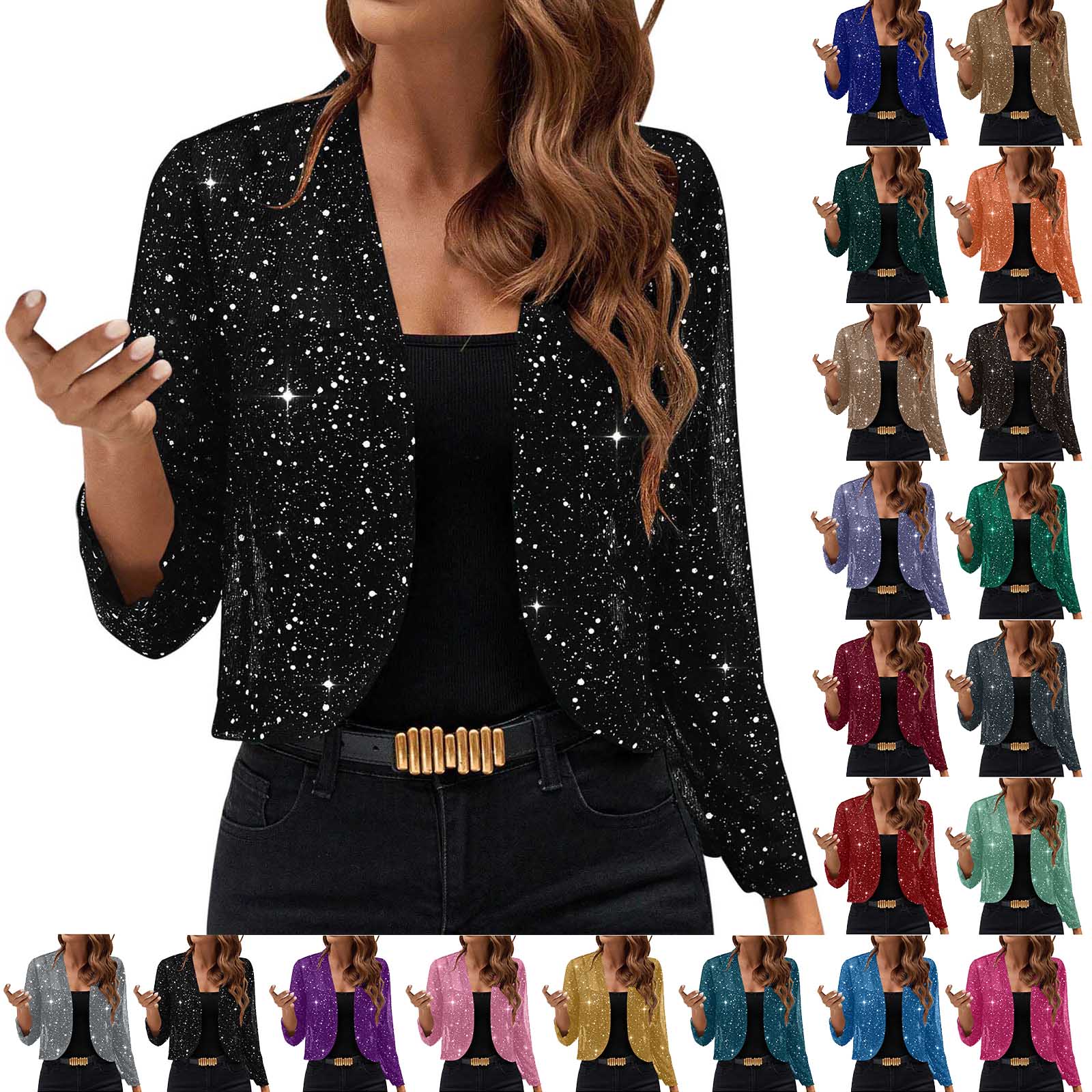 thumbnail video image 2 of Otntypg Sequin Blazer for Women Sparkly Sequin Cropped Jacket Long Sleeve Open Front Sequin Cardigan Glitter Short Coats Purple M, 2 of 11