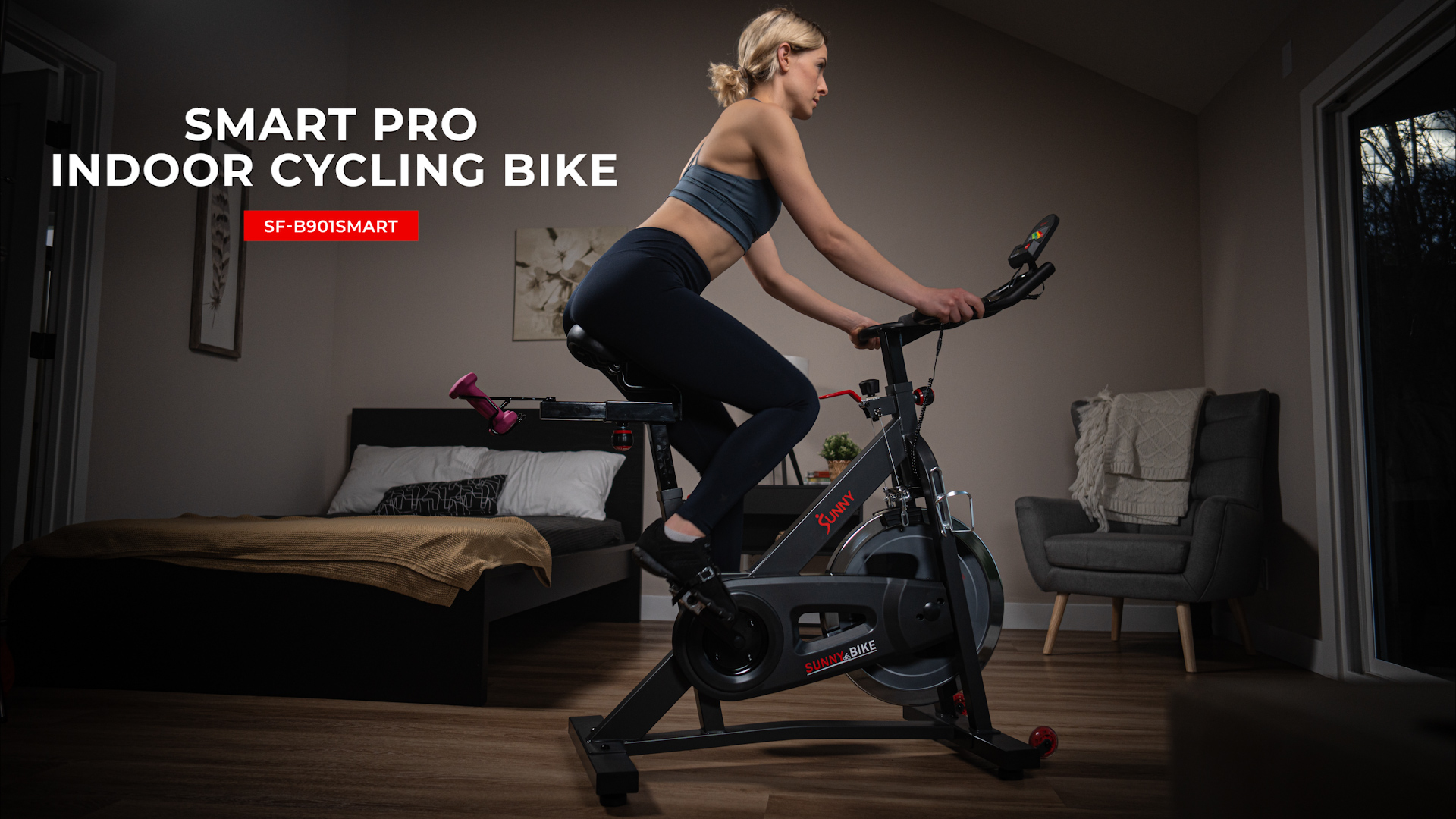 thumbnail video image 2 of Sunny Health & Fitness Smart Pro Indoor Cycling Exercise Bike, Felt Resistance and Belt Drive w Free SunnyFit® App Membership - SF-B901SMART, 2 of 7