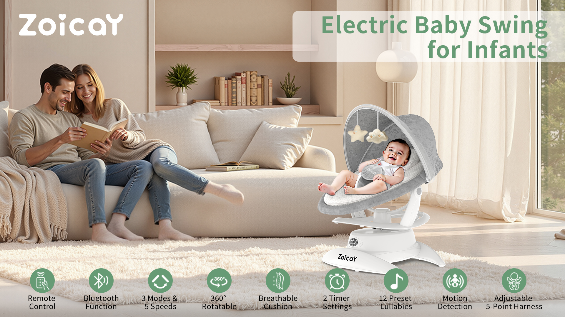 thumbnail video image 3 of Zoicay Baby Swing, Baby Rocker Stationary Seat Infants Swing 3-IN-1 Design,  Motion Detection, 5 Speeds & 3 Modes,12 Melodies & Bluetooth Music, White, 3 of 13