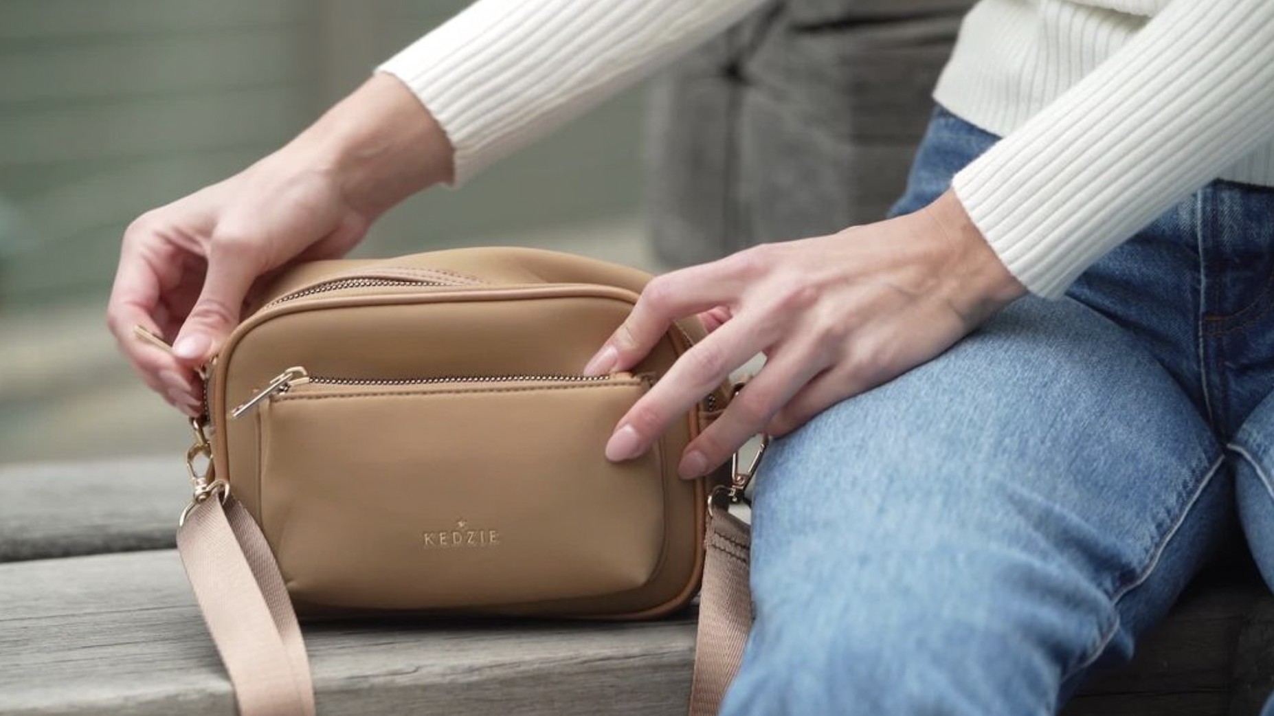 thumbnail video image 2 of Kedzie Sloane Crossbody Bag Water Resistant, Olive (Women's), 2 of 7