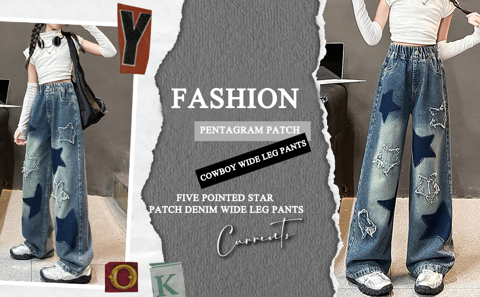 thumbnail video image 2 of KVPLBQFD Girls Baggy Jeans Teen Girls Fashion Star Patch Stitching Decorated Wide Leg Denim Pants Tween Y2k Vintage Cute Trousers Kids Back to School Clothes, 2 of 9