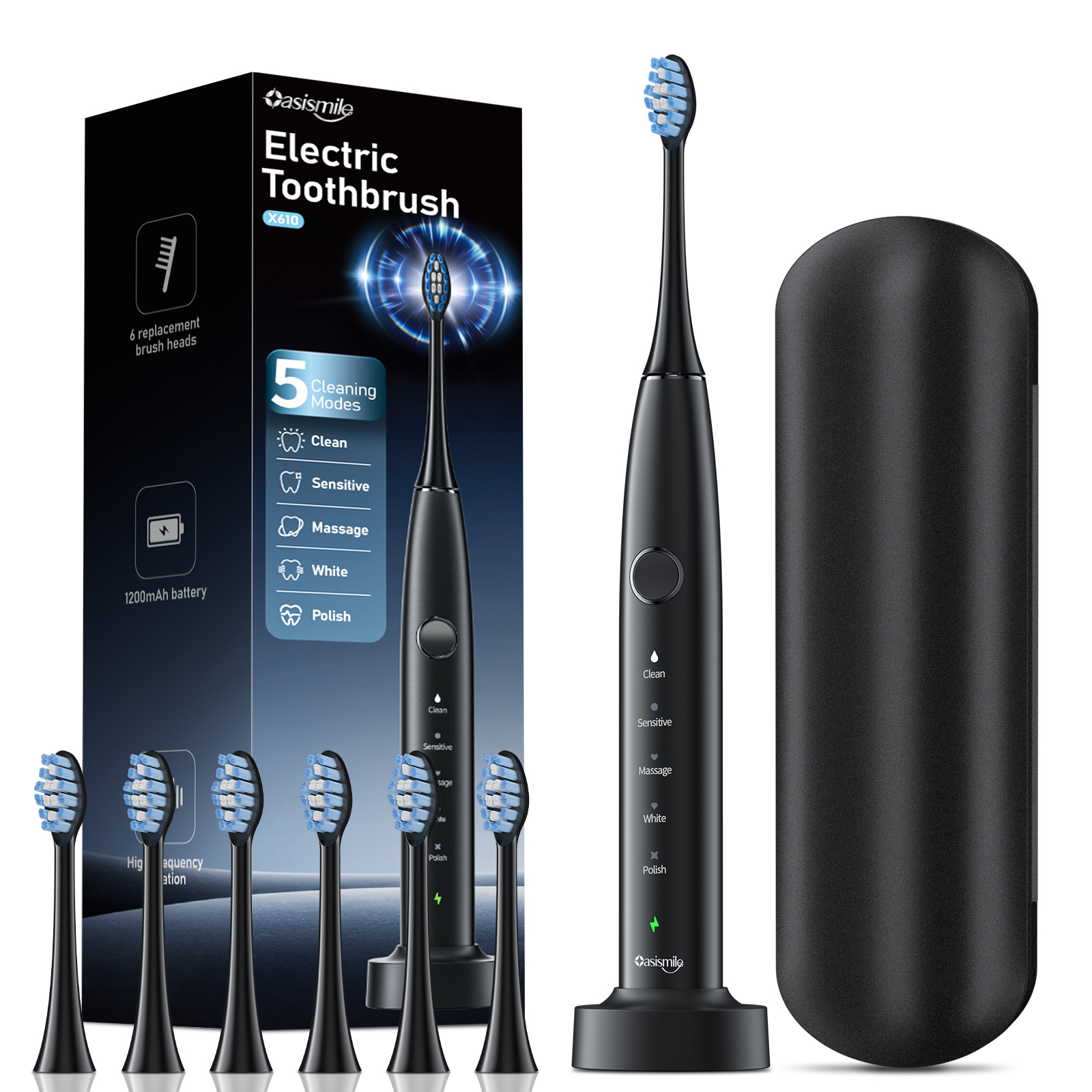 thumbnail video image 2 of OasiSmile Sonic Electric Toothbrush Set for Adults with Travel Case, 6 Brush Heads, 100-Day Battery Life, 5 Modes 42000 VPM Rechargeable Power Toothbrush, Black, 2 of 8