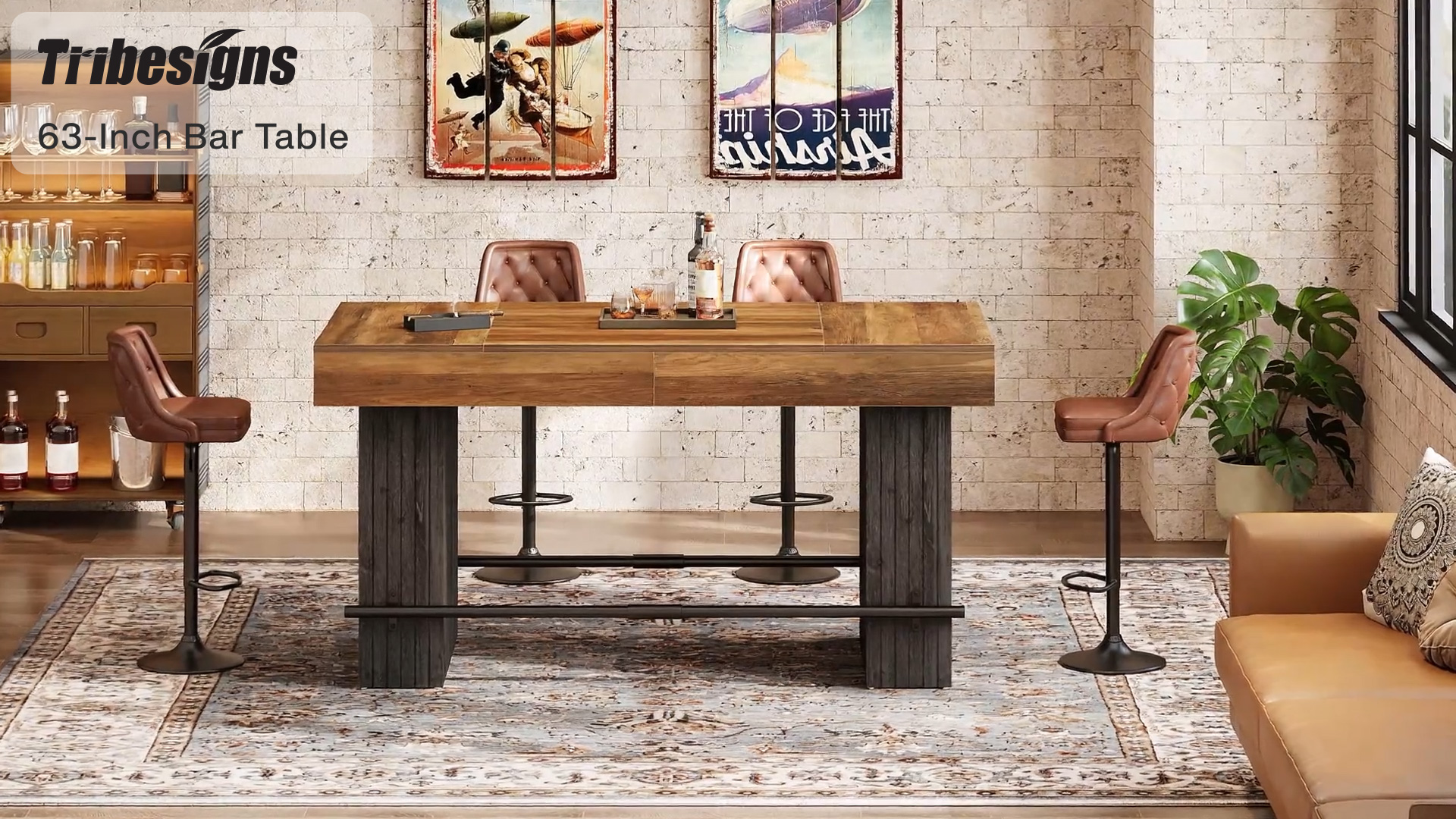 thumbnail video image 2 of Tribesigns 63-Inch Bar Table, Rectangular Home Bar Unit with Metal Footrest, Gray and Red Brown, 2 of 10