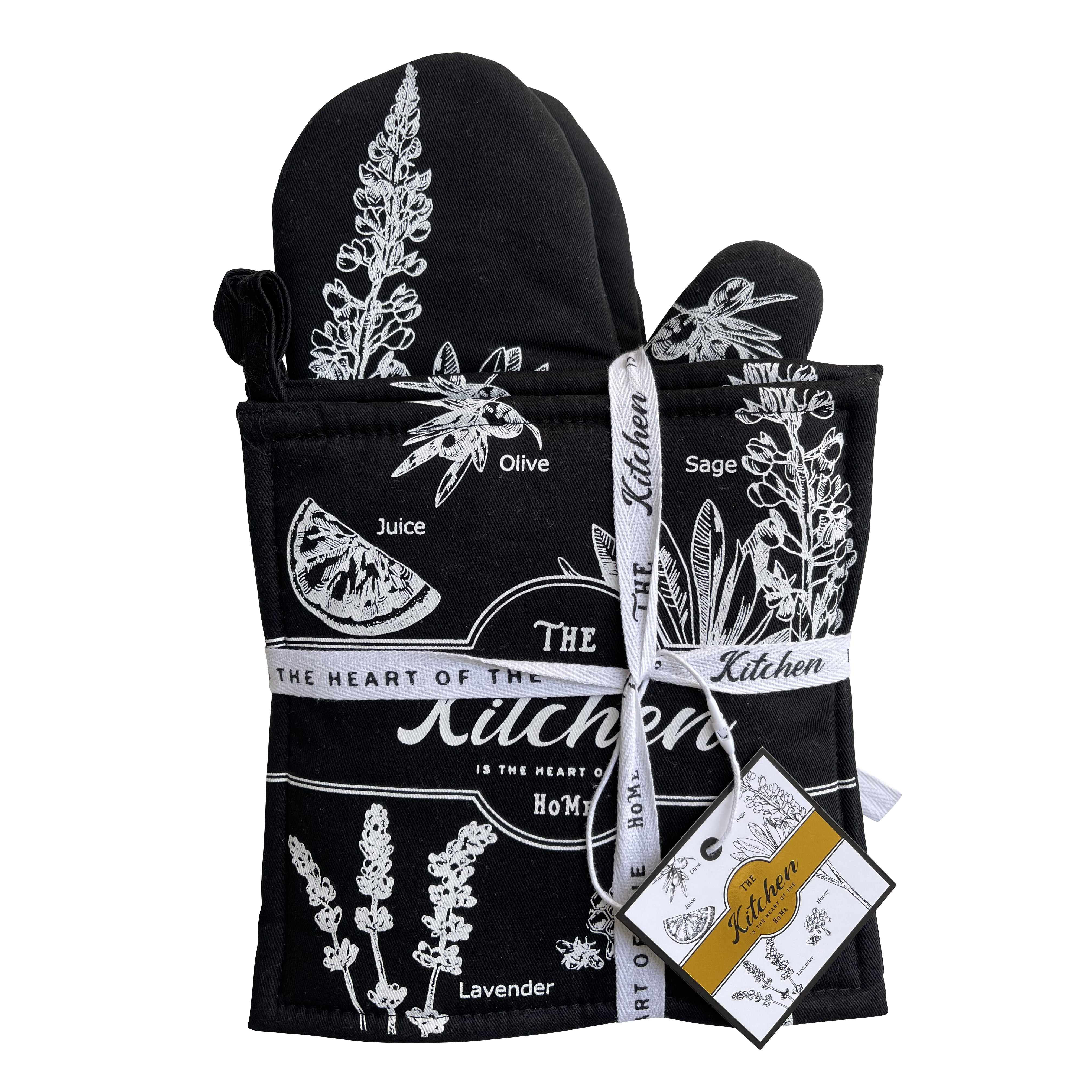 thumbnail video image 2 of GREVY Black 2 Cotton Oven Mitts 2 Cotton Pot Holders Wrapping Gift Set, 2 of 7